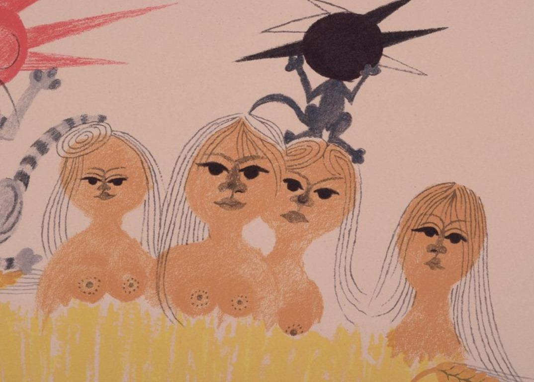 Mogens Zieler, dänischer Künstler. Farblithographie. Tanzende Katze und Frauen auf einem Feld im Zustand „Hervorragend“ im Angebot in Copenhagen, DK