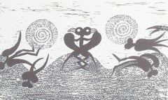 Mogens Zieler. Serigraphy on paper. Fantastic landscape with surreal figures.