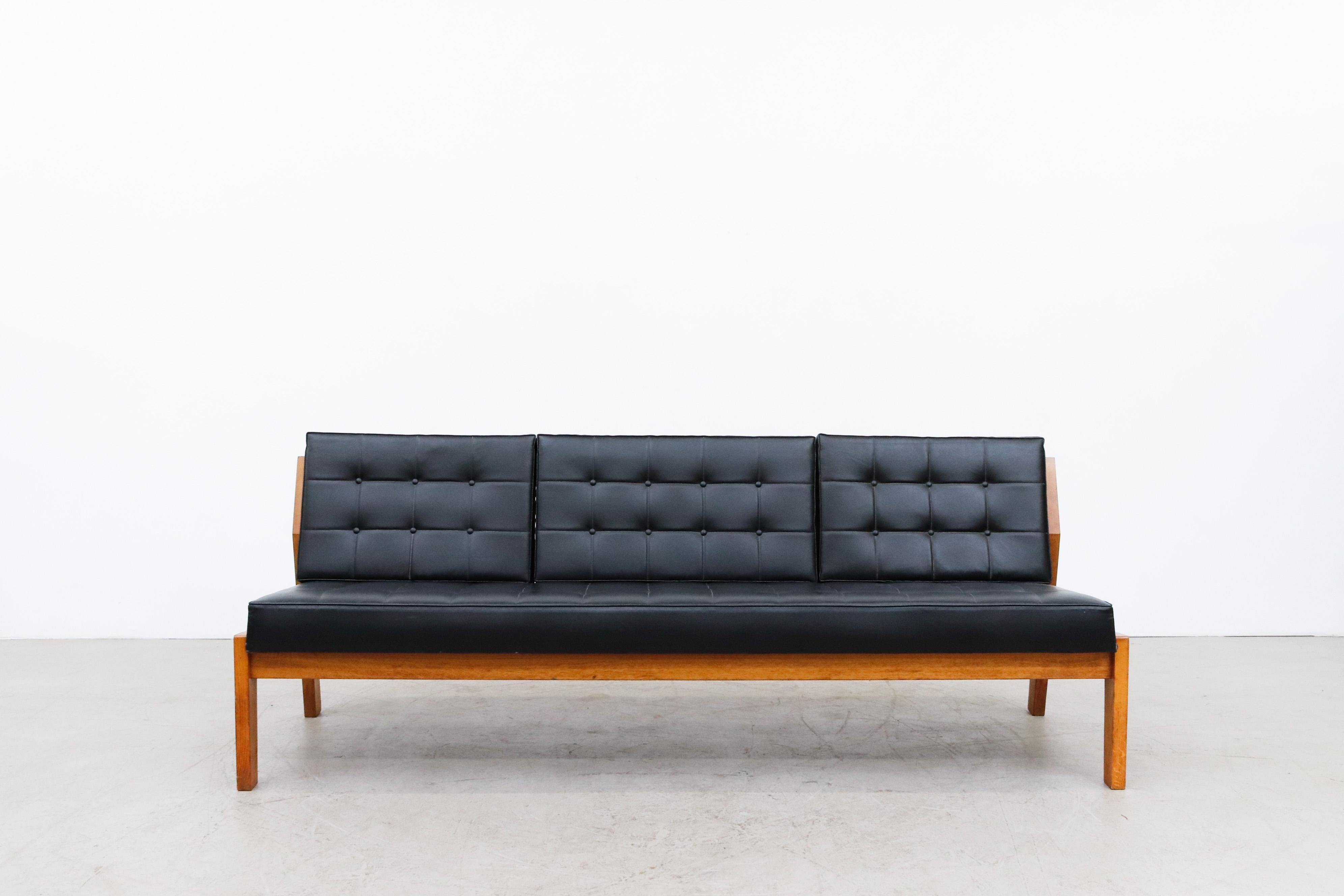 Mid-Century Modern Mogensen Style Large Dutch Armless Oak Slat Back Bench with Black Skai Cushions For Sale