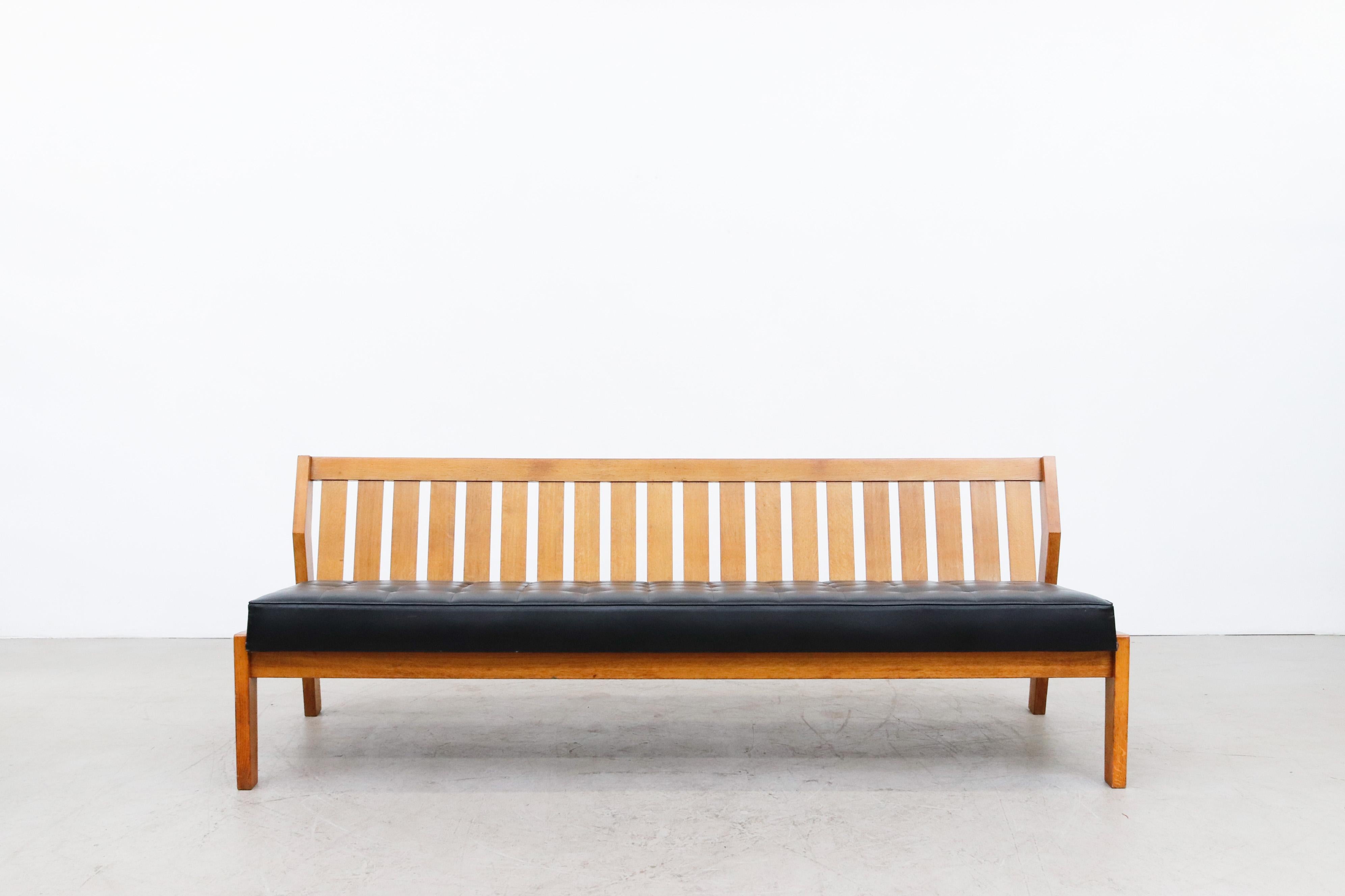 Mogensen Style Large Dutch Armless Oak Slat Back Bench with Black Skai Cushions In Good Condition For Sale In Los Angeles, CA