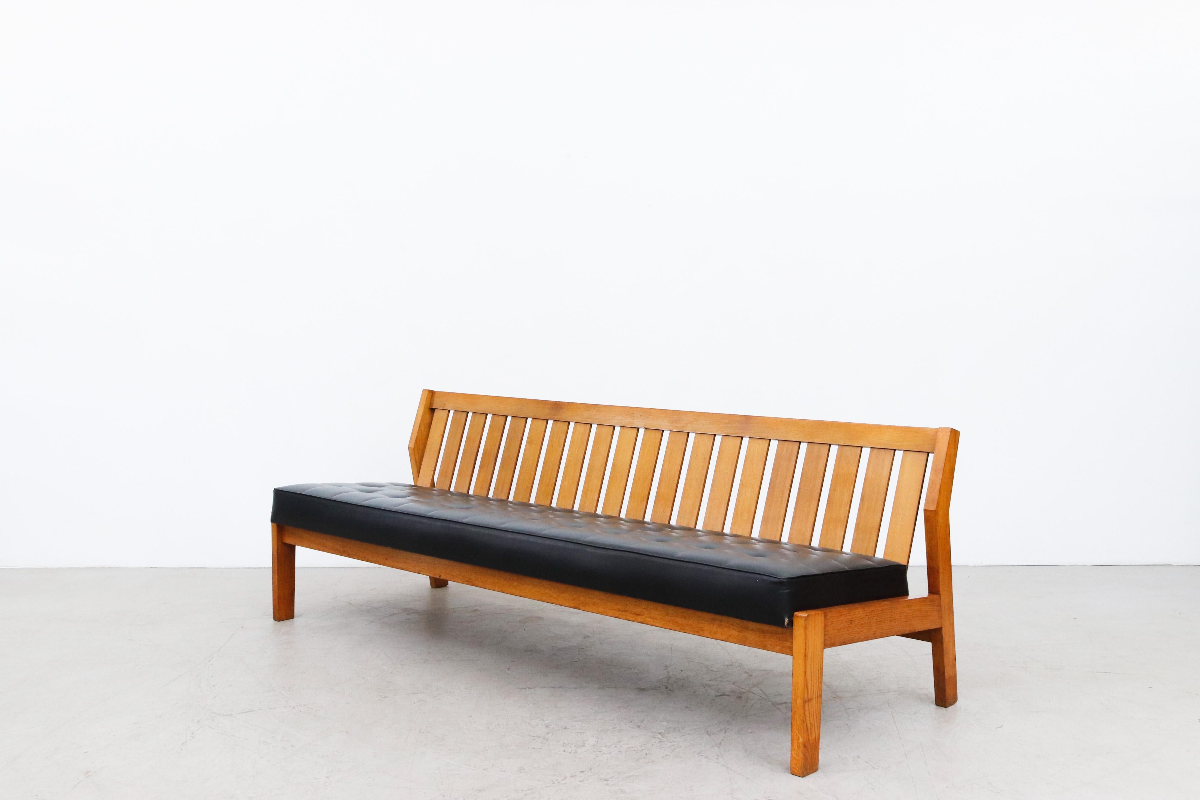 Faux Leather Mogensen Style Large Dutch Armless Oak Slat Back Bench with Black Skai Cushions For Sale