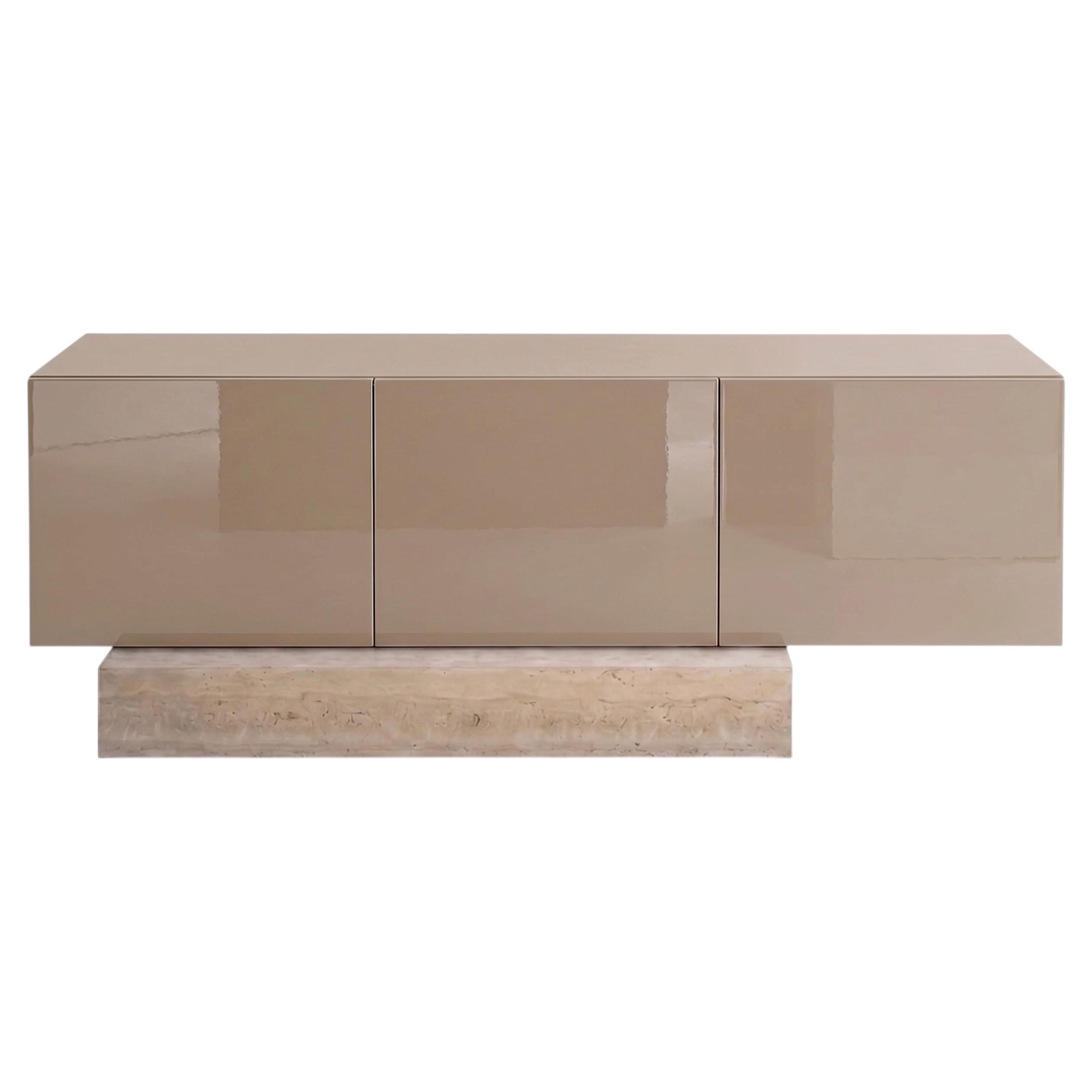 Modern Travertine Marble and Gloss Lacquered Sideboard Buffet Mogg Block RAL1019 For Sale