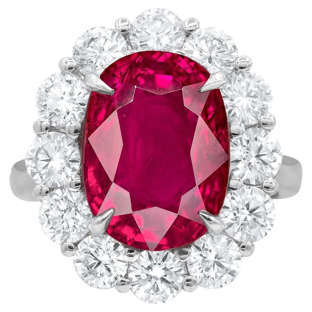 MOGOK Burma 6.72 Carat Oval Ruby Diamond Cocktail Platinum Ring For Sale