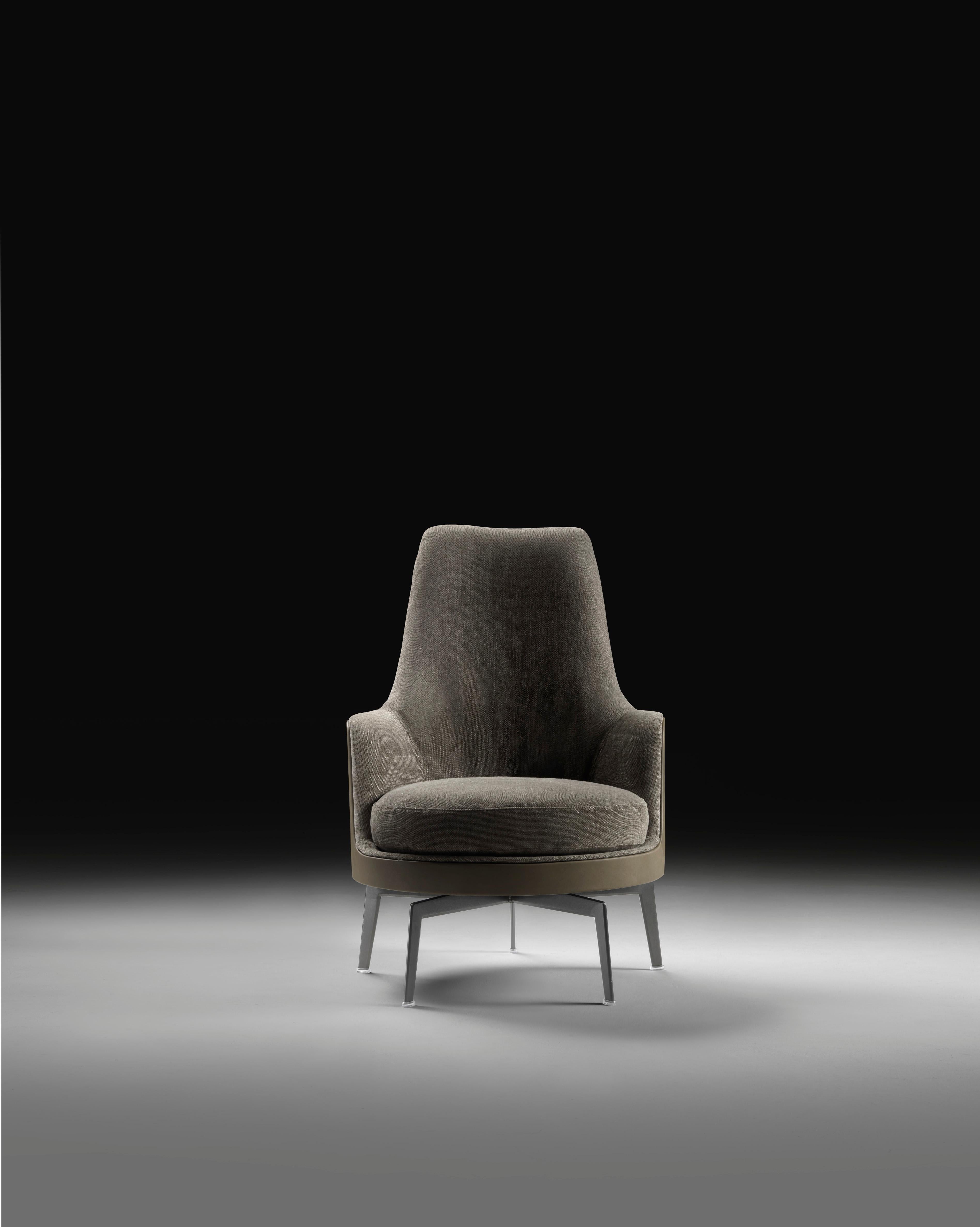 Italian Mohair and Leather with Bronzed Base Guscioalto Soft Armchair by Flexform For Sale