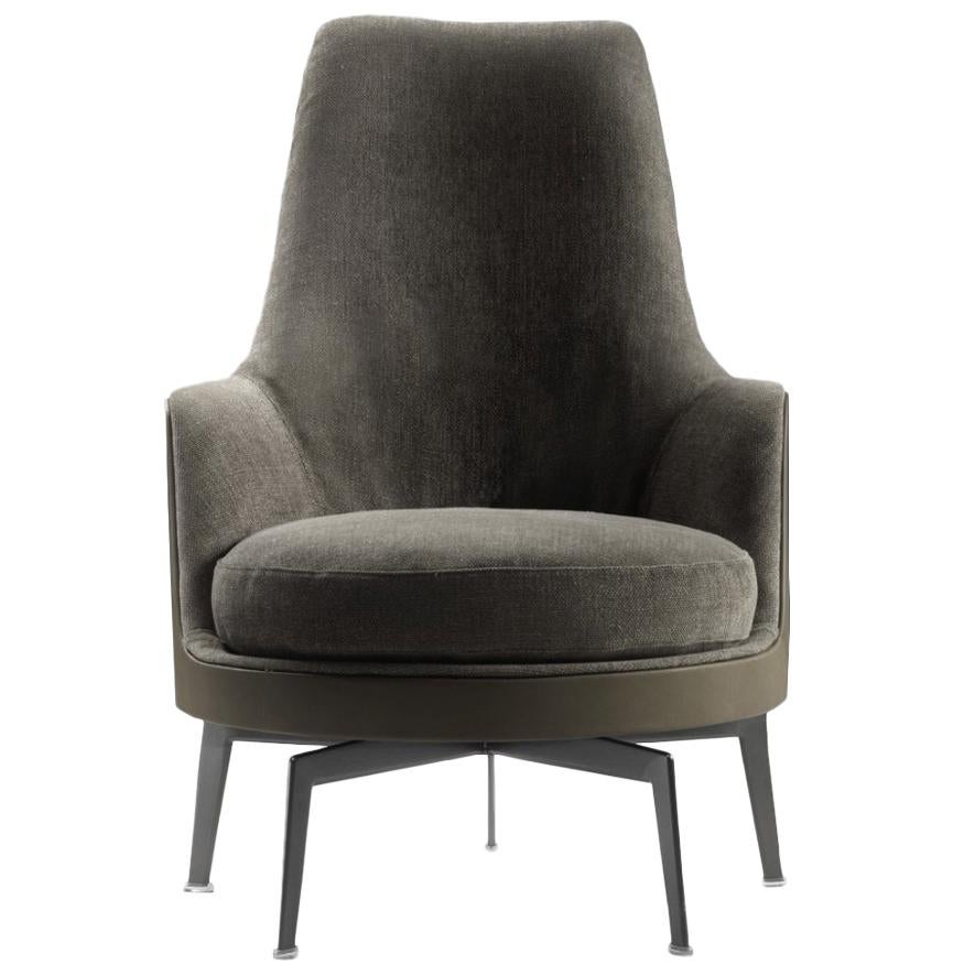 Mohair and Leather with Bronzed Base Guscioalto Soft Armchair by Flexform For Sale