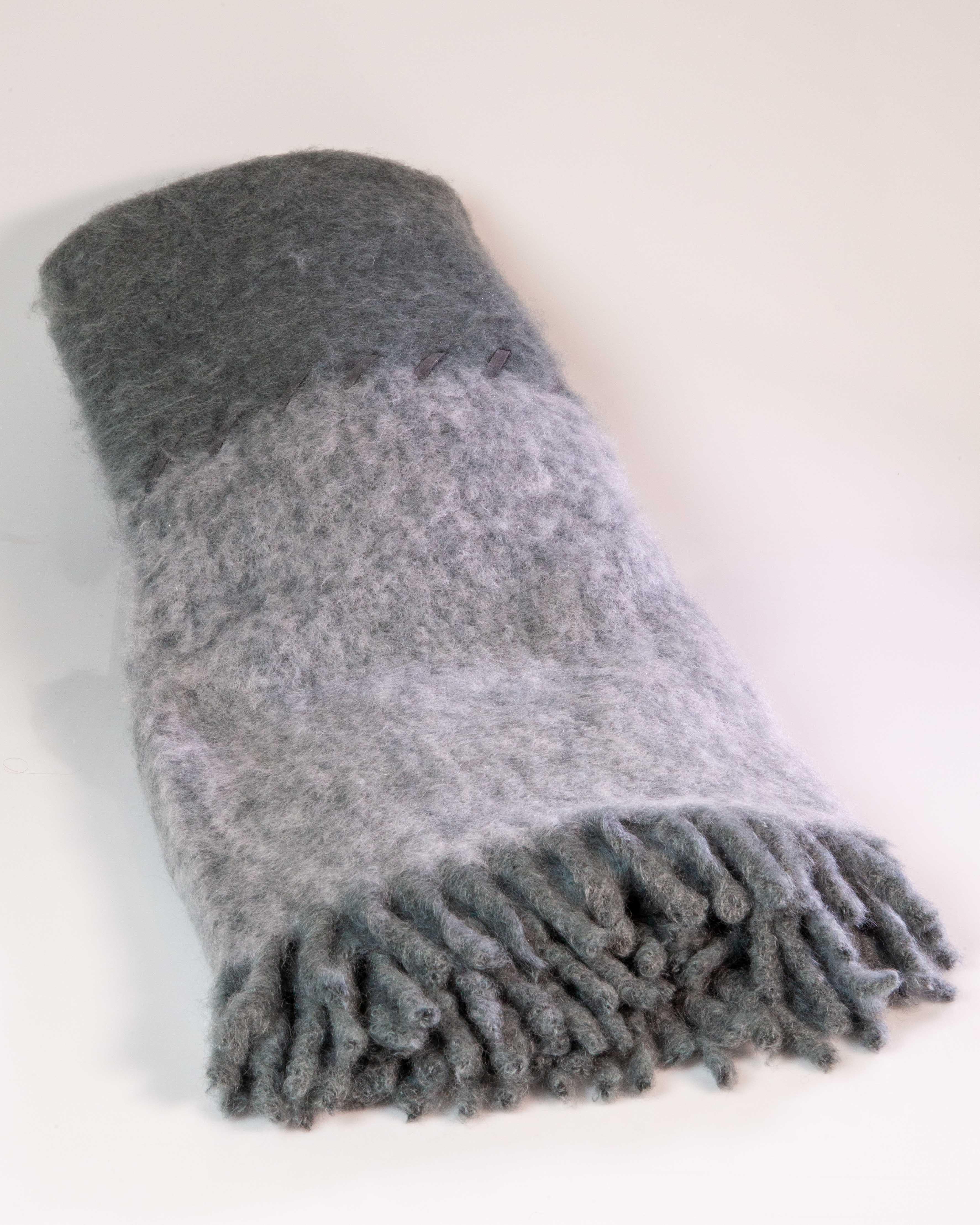 Hand-Woven Mohair Blanket with Suede Stitching in Light and Dark Grey, in Stock