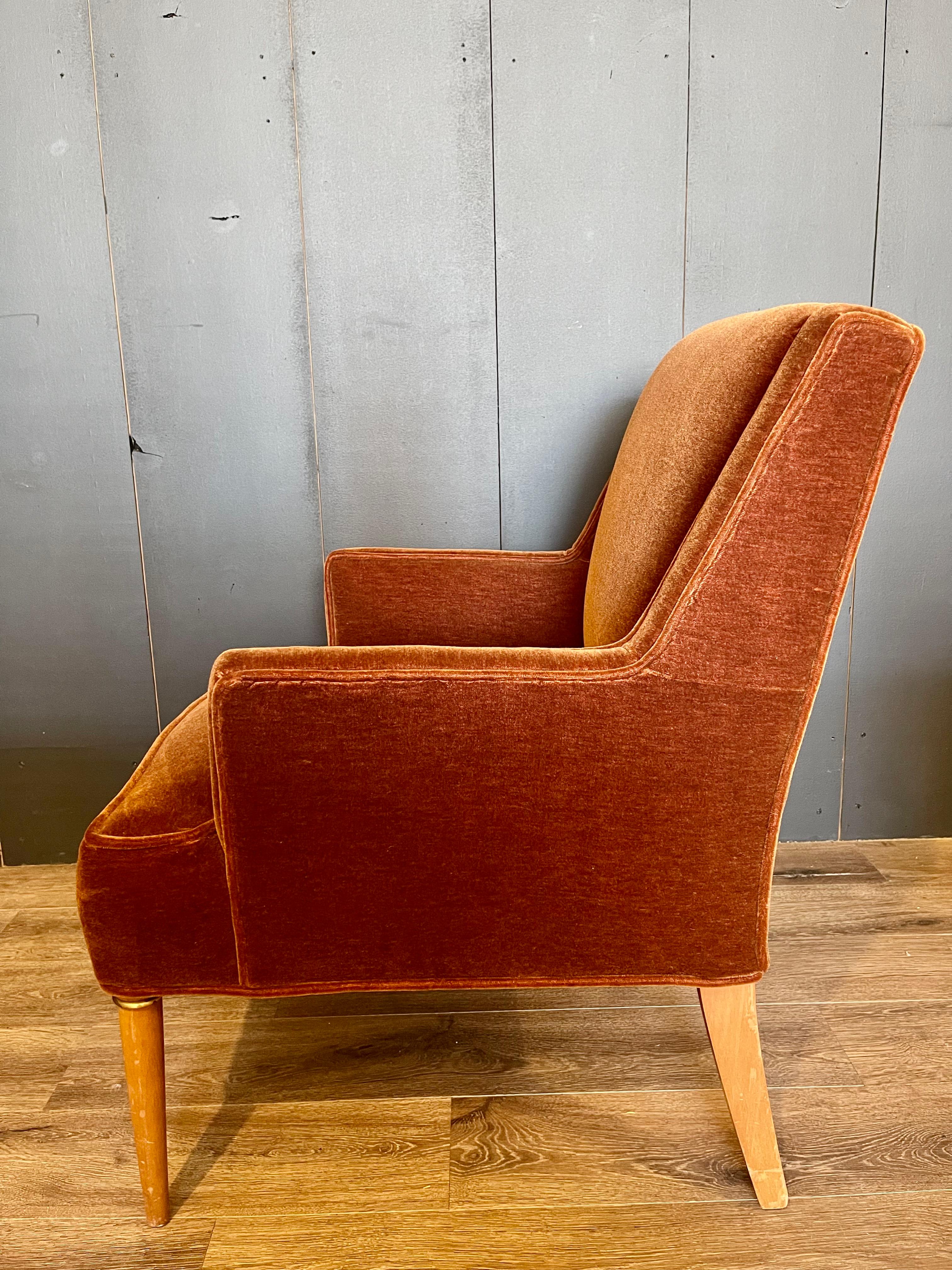 North American Mohair Mid-Century Accent Chair, in Rich Rust Colored Newly Upholstered Mohair For Sale