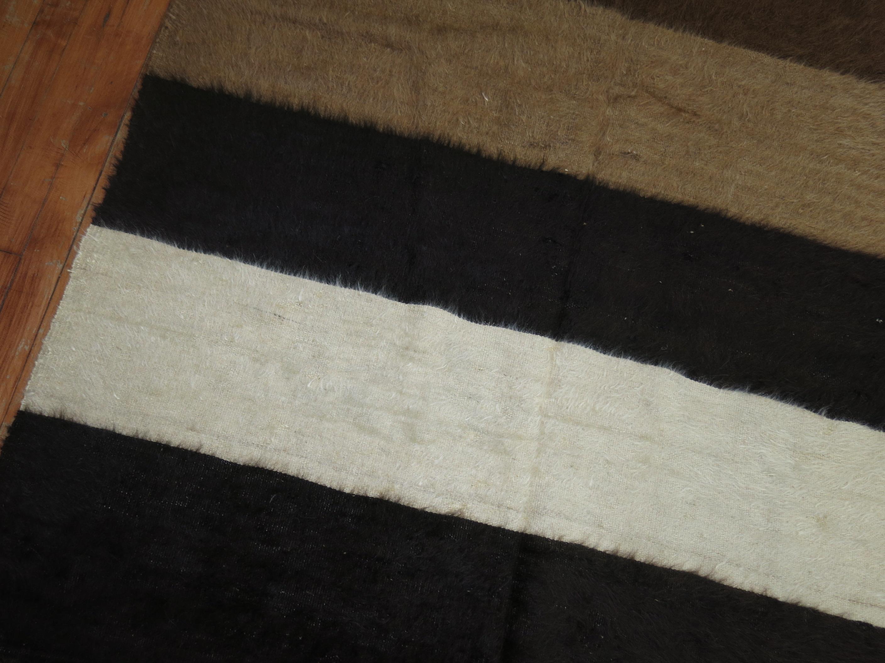 Hand-Woven Mohair Modernist Black Ivory Brown Color Turkish Contemporary Rug For Sale
