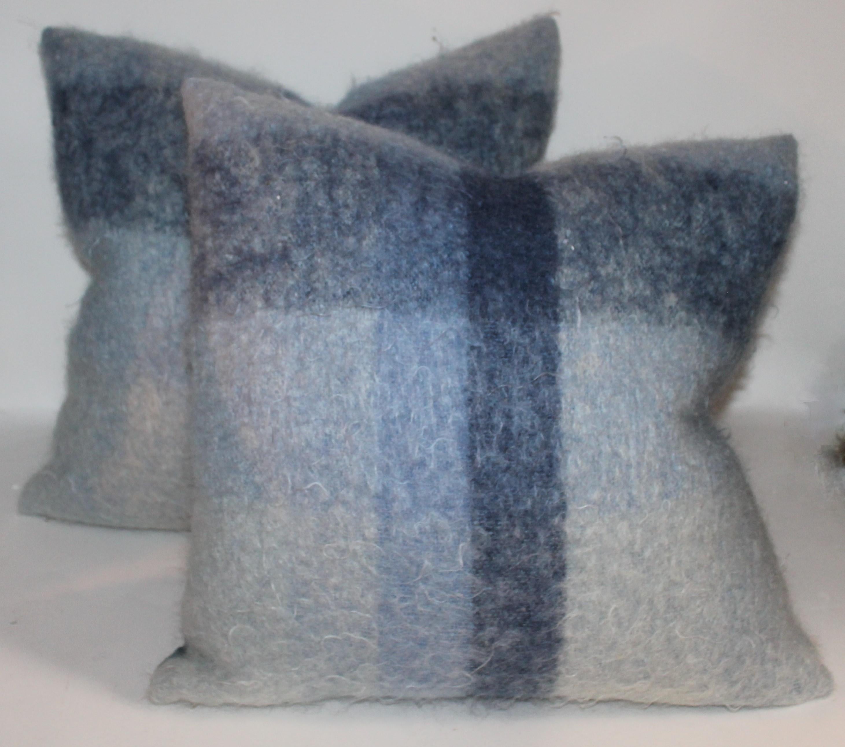 Mid-Century Modern Mohair Pillows in Blues from Vintage Blanket, Pair