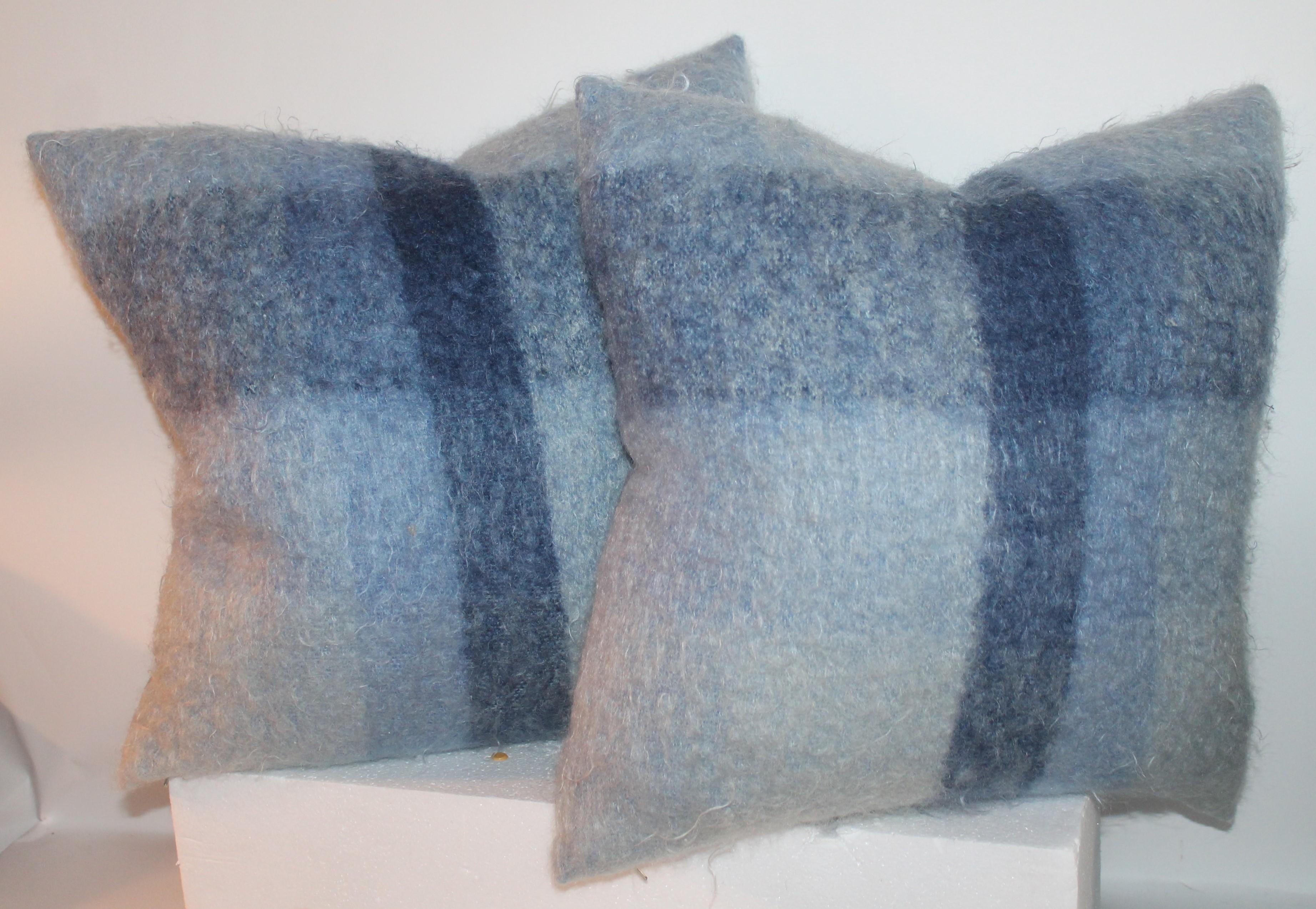 American Mohair Pillows in Blues from Vintage Blanket, Pair