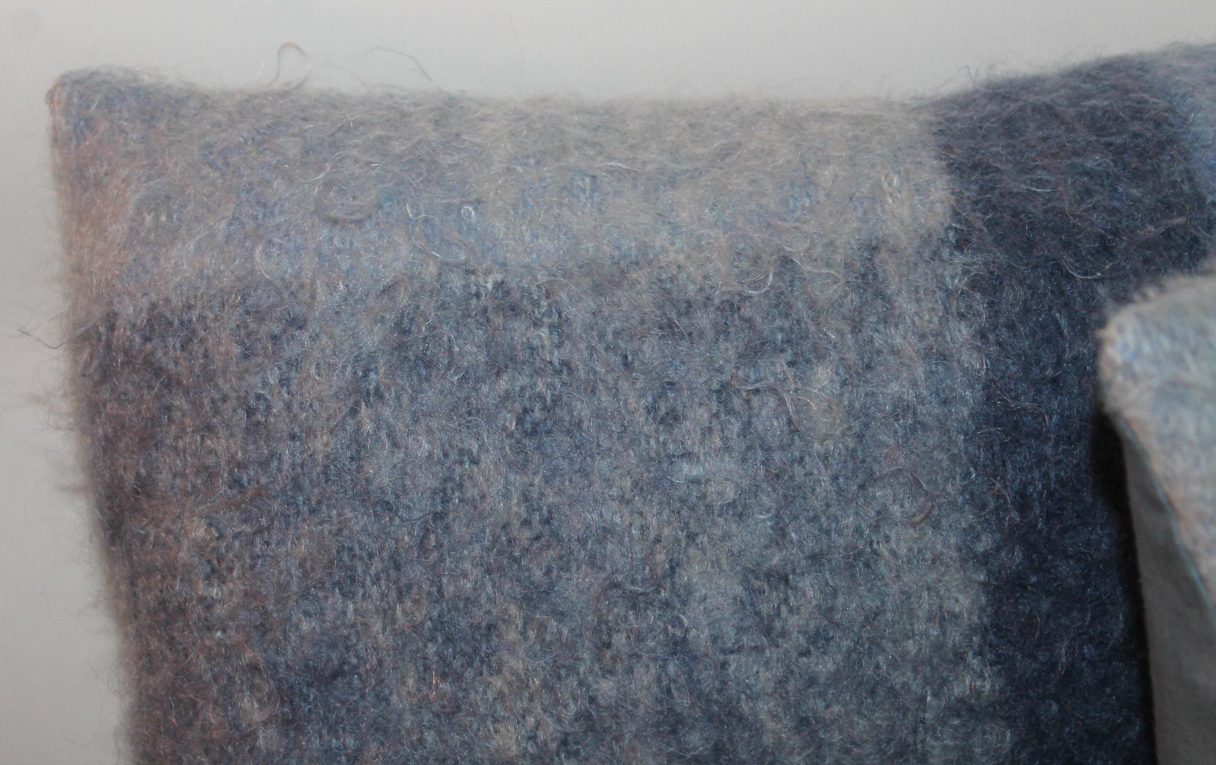 Hand-Crafted Mohair Pillows in Blues from Vintage Blanket, Pair