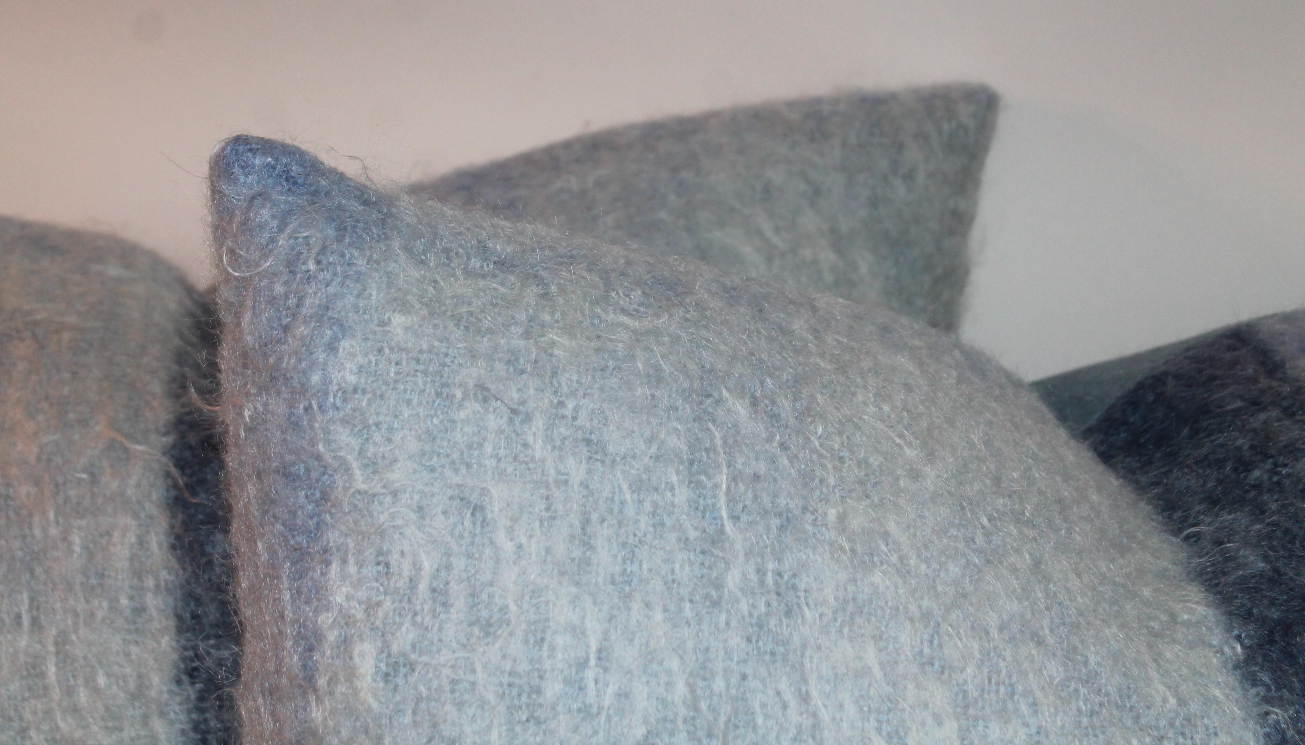 20th Century Mohair Pillows in Blues from Vintage Blanket, Pair