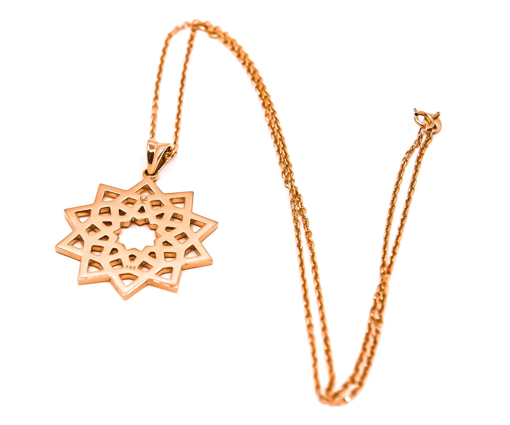 Arabesque Deco Andalusian Style Pendant Necklace in 18kt Rose Gold

The design of the pendant is inspired by the Andalusian Style and motifs found in Al Hambra Palace in Granada in Spain.