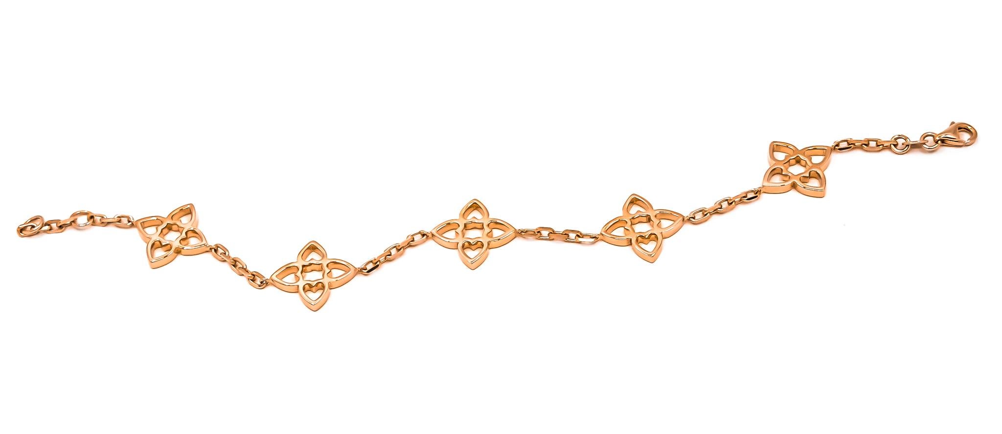 Romantic Connected Hearts Five Motif Bracelet in 18kt Rose Gold For Sale