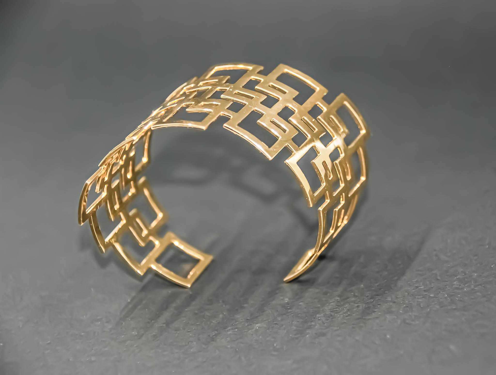 Contemporary Geometric Cuff Bracelet in 18kt Gold by Mohamad Kamra For Sale