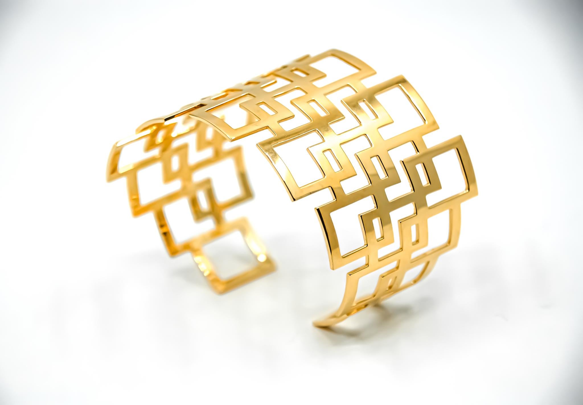 Geometric Cuff Bracelet in 18kt Gold by Mohamad Kamra For Sale 1