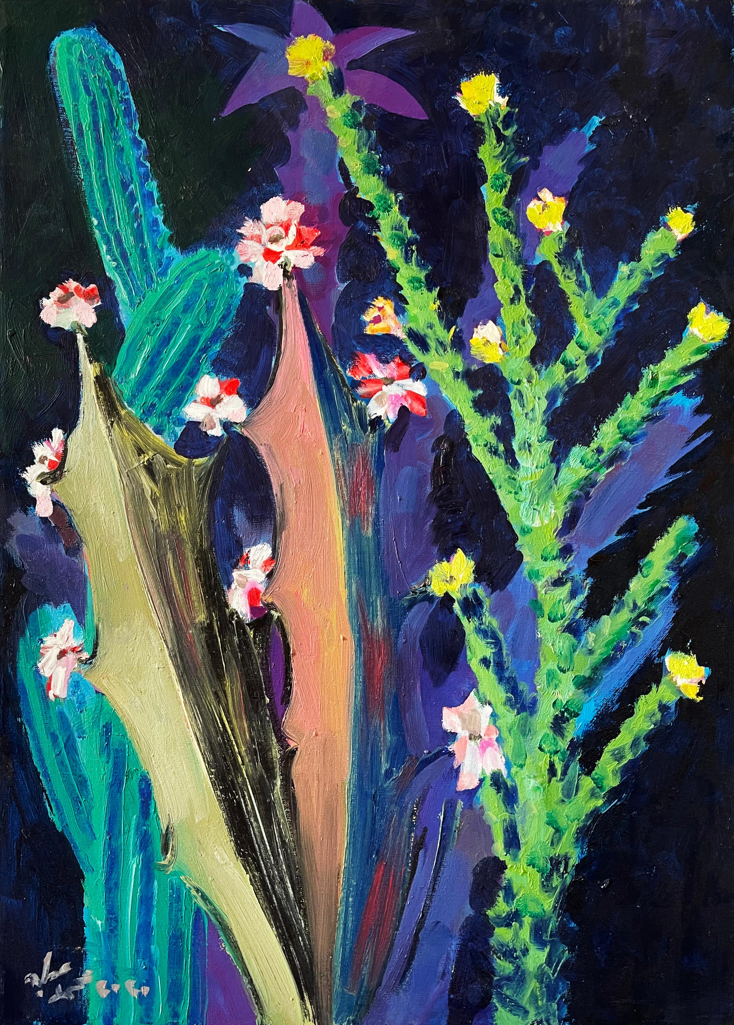 "Cactus by Night II" Oil Painting 35" x 26" inch by Mohamed Abla
