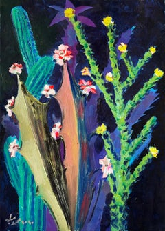 "Cactus by Night II" Oil Painting 35" x 26" inch by Mohamed Abla