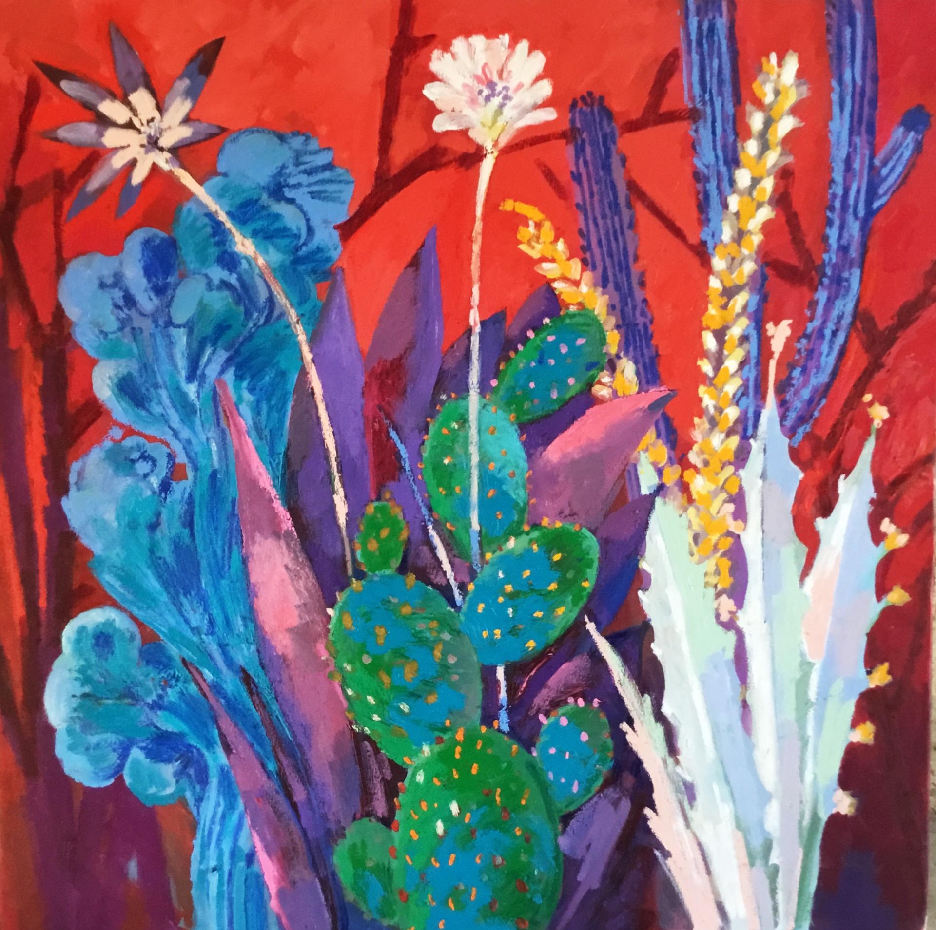"Cactus in Crimson I" Abstract Oil Painting 48" x 48" inch by Mohamed Ayla