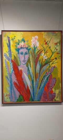 "Cactus y hombre" Pintura al óleo figurativa 47" x 43" pulgadas por Mohamed Abla