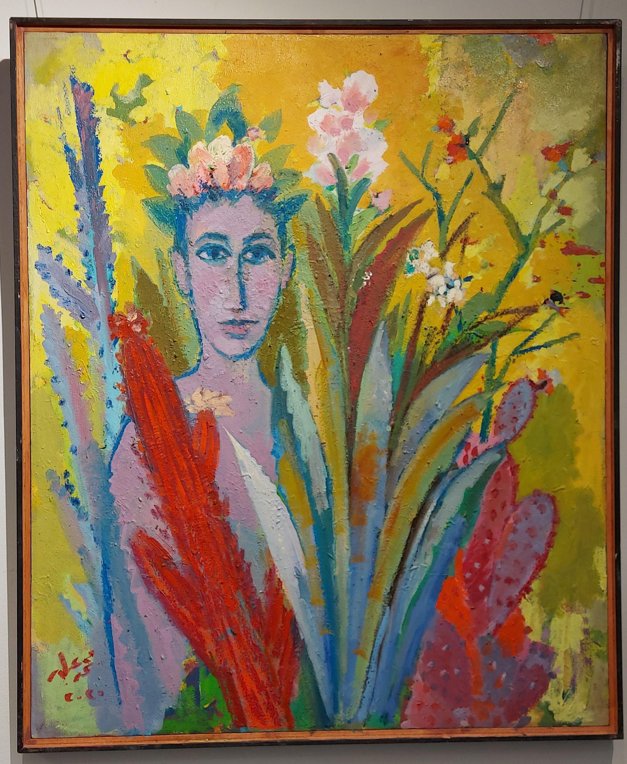 « Cactus and Man », peinture à l'huile figurative de 47