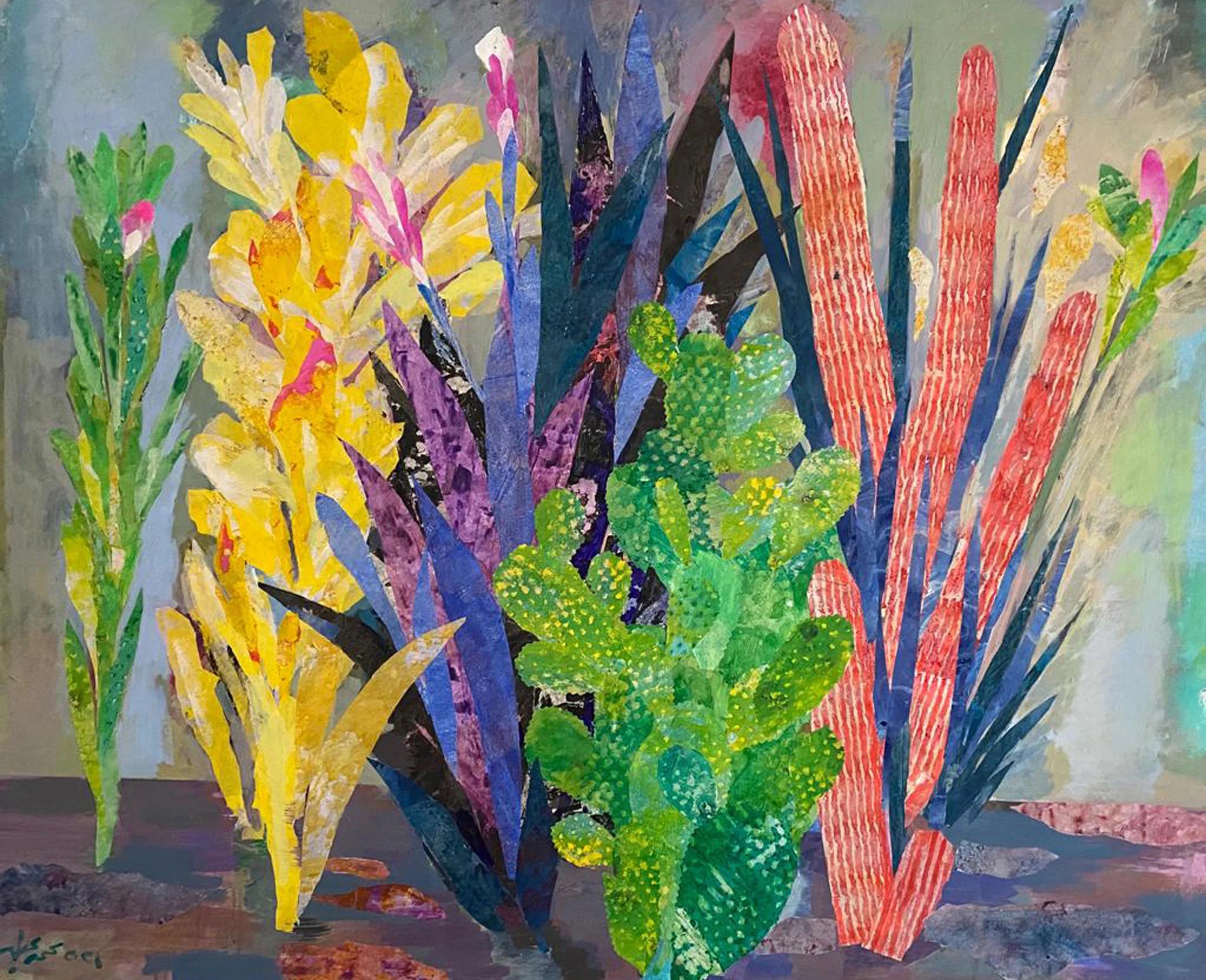 « Cactus Collage » - Peinture de 140 x 160 cm par Mohamed Abla