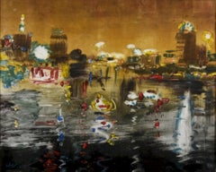 "Nile by Night VI" Abstract Oil Painting 15" x 24" inch by Mohamed Abla