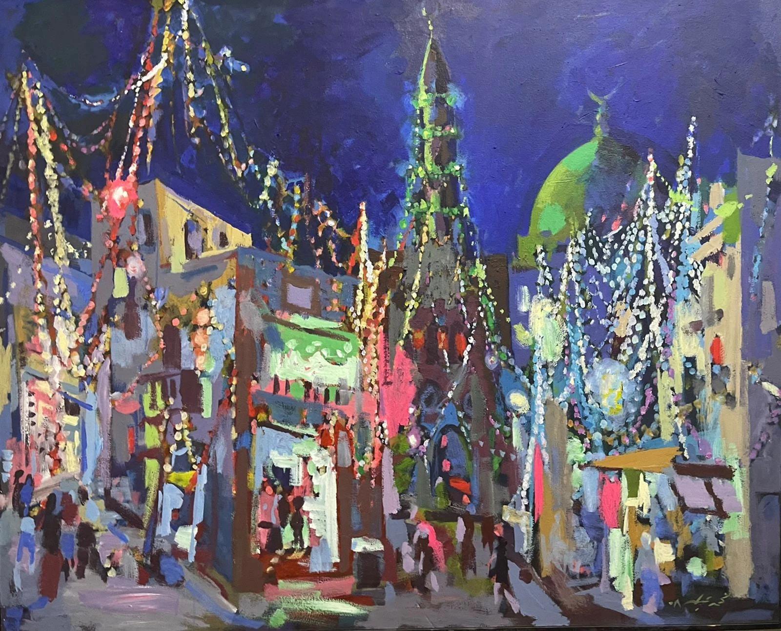 « Festival de la ville » - Peinture de 51" x 63" pouces par Mohamed Abla