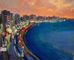 "Corniche de noche" Paisaje Pintura al óleo 20" x 24" pulgadas por Mohamed Abla