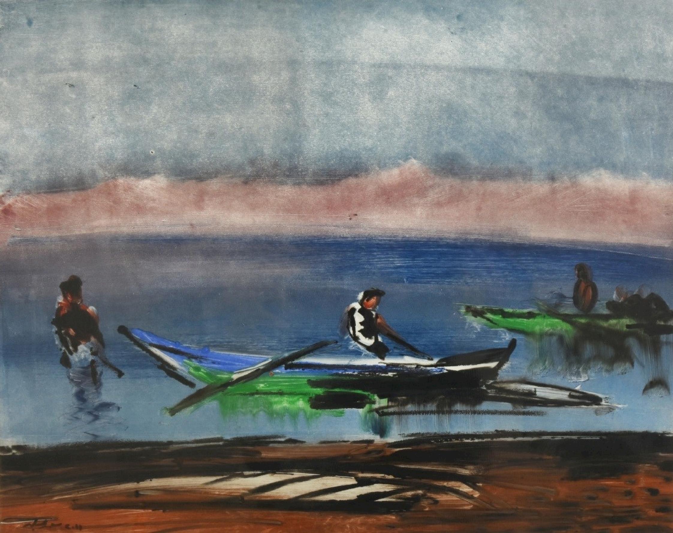 Pittura paesaggistica "Pescatori" 20" x 25" pollici di Mohamed Abla