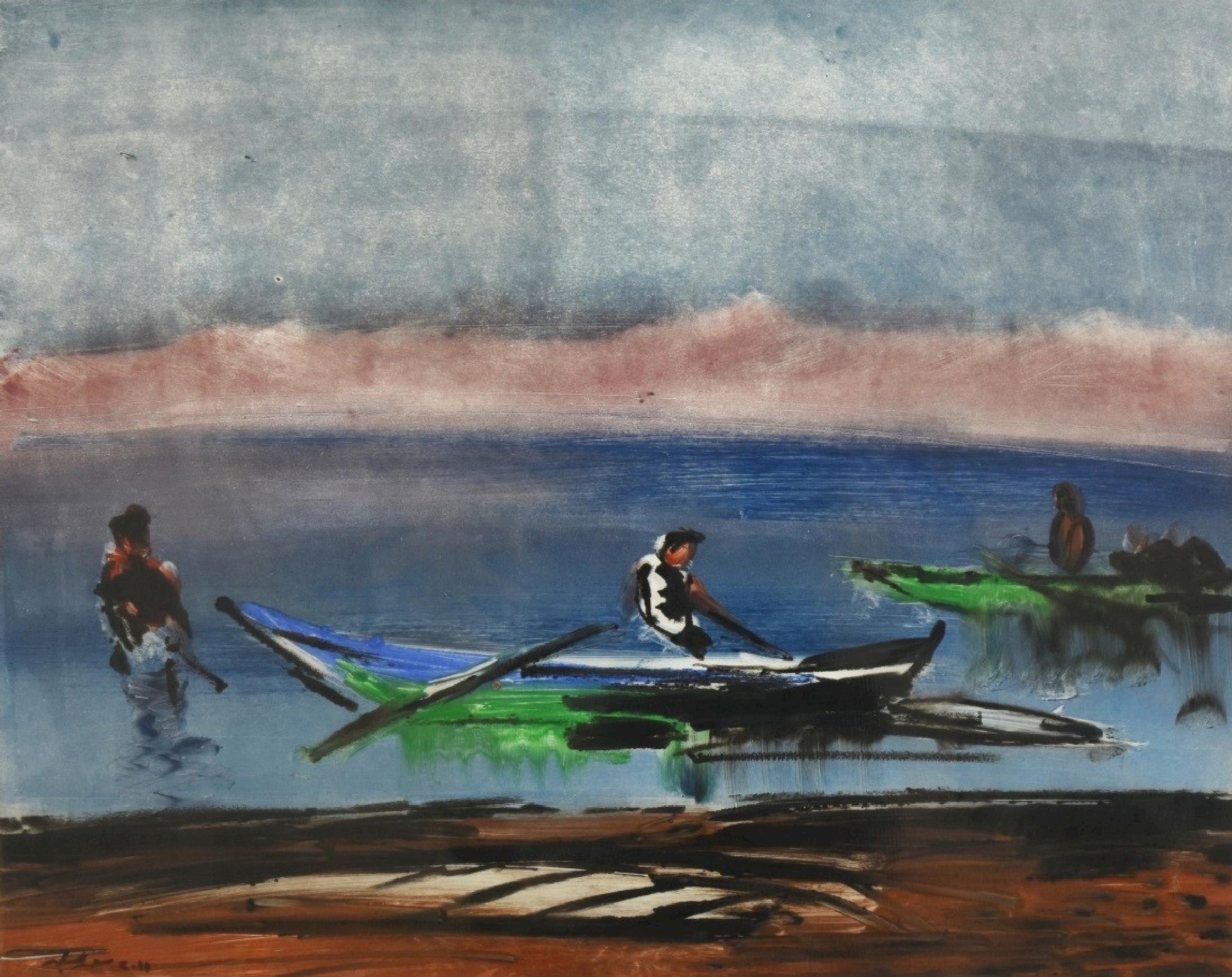 „Fishermen“, Gemälde, 20" x 25" Zoll, von Mohamed Abla