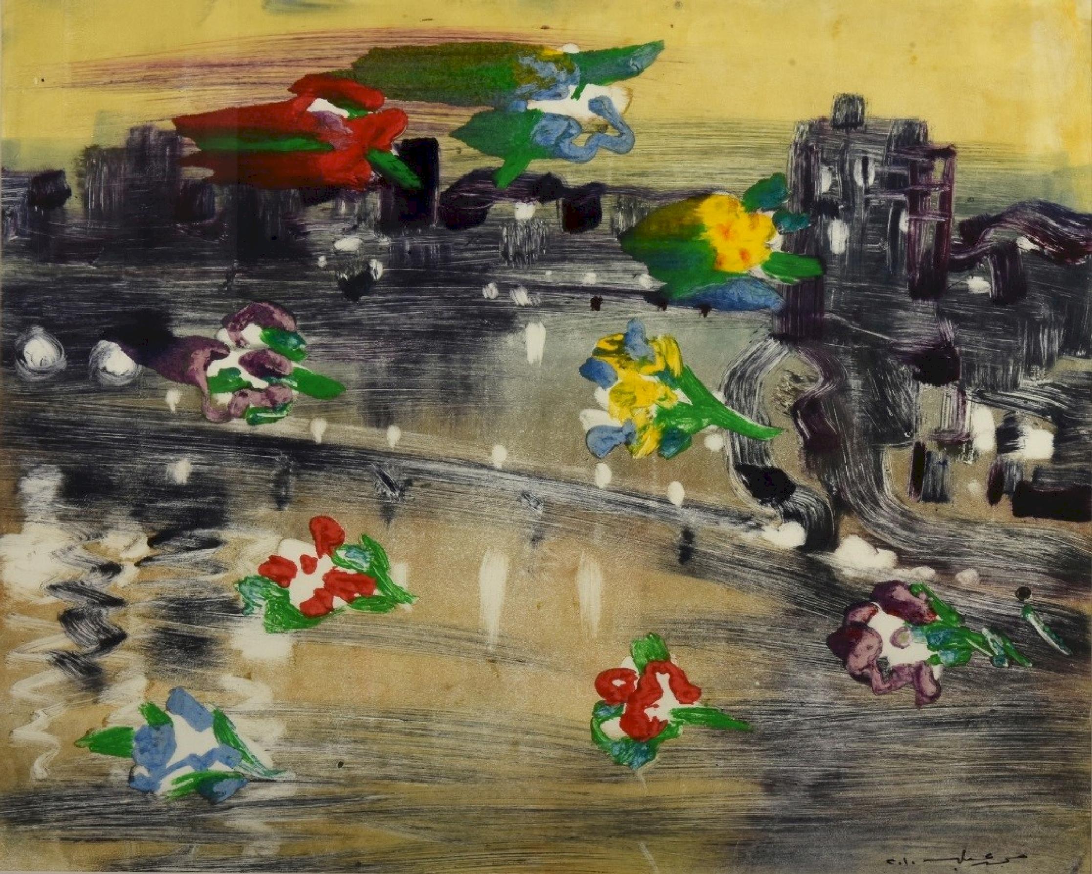 "Rosas del Nilo en miniatura" Pintura al óleo abstracta 20" x 25" pulgadas por Mohamed Abla