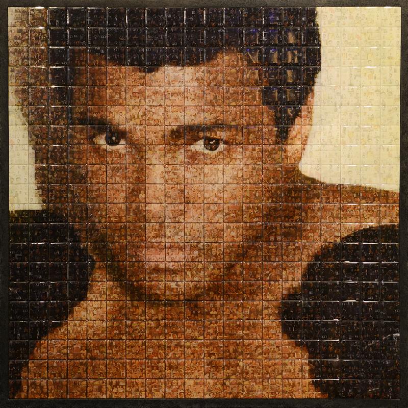 Photos Mohamed Ali Mosaic made of 400 mosaic photos
from Mohamed Ali's life, mosaic in ceramic with varnished finish.
With wooden frame in silver lacquered finish. with metal frame on 
the back to hang on the wall. Limited Edition of 8 artworks.