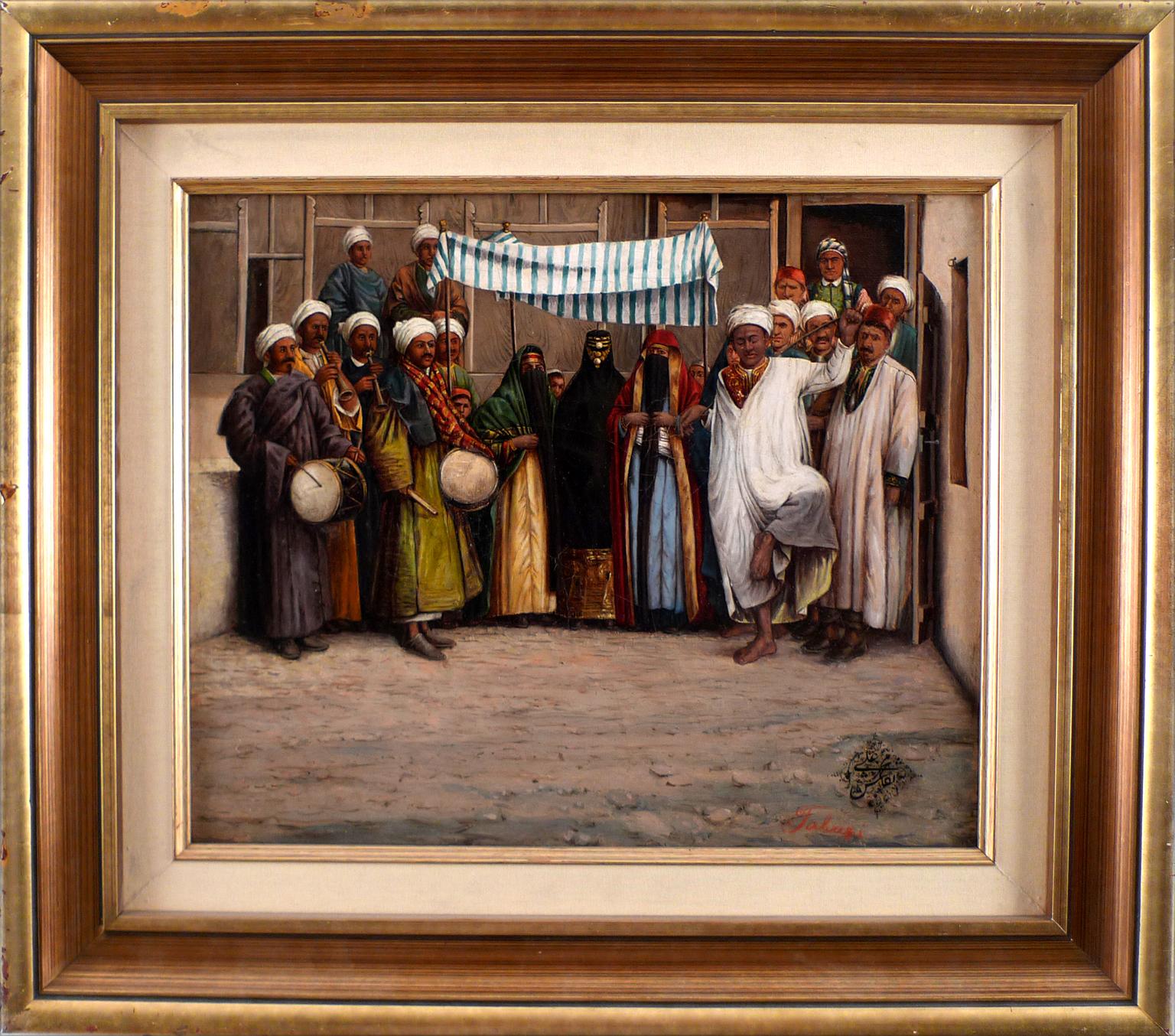 MOHAMED ALI NAQASH
Irakien, 19ème - 20ème siècle
CÉRÉMONIE DE MARIAGE À TEBRIZ
signé en arabe et portant l'inscription Mohamed Ali al-Naqash / Tabrizi en bas à droite
huile sur toile
11 x 13-1/4 pouces (28 x 34 cm.)
encadré : 43 x 49 cm (17 x 19-1/2