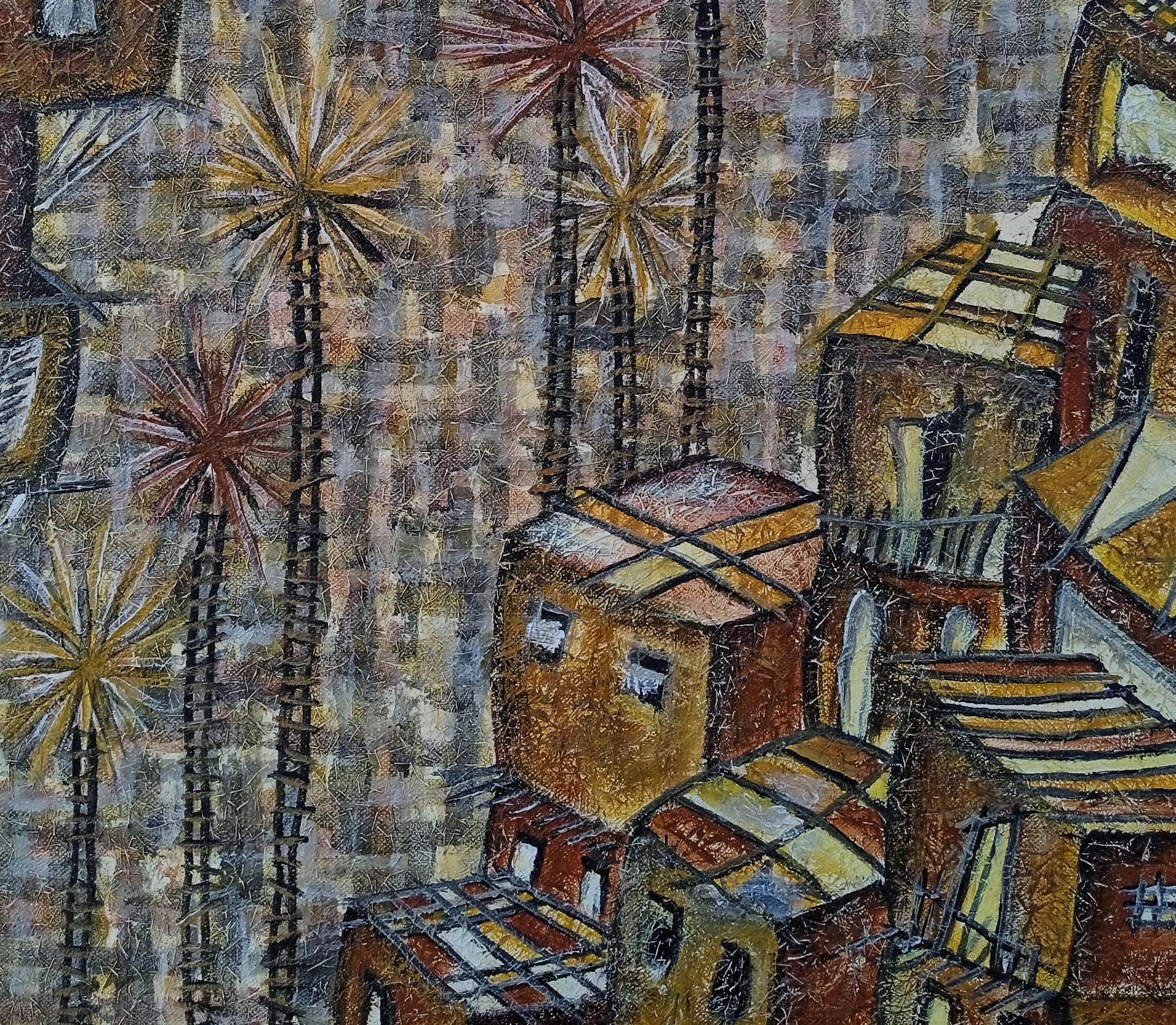 MOHAMED HUSSEIN Figurative Painting - "Favela I" Painting 17" x 20" inch by Mohamed Hussein