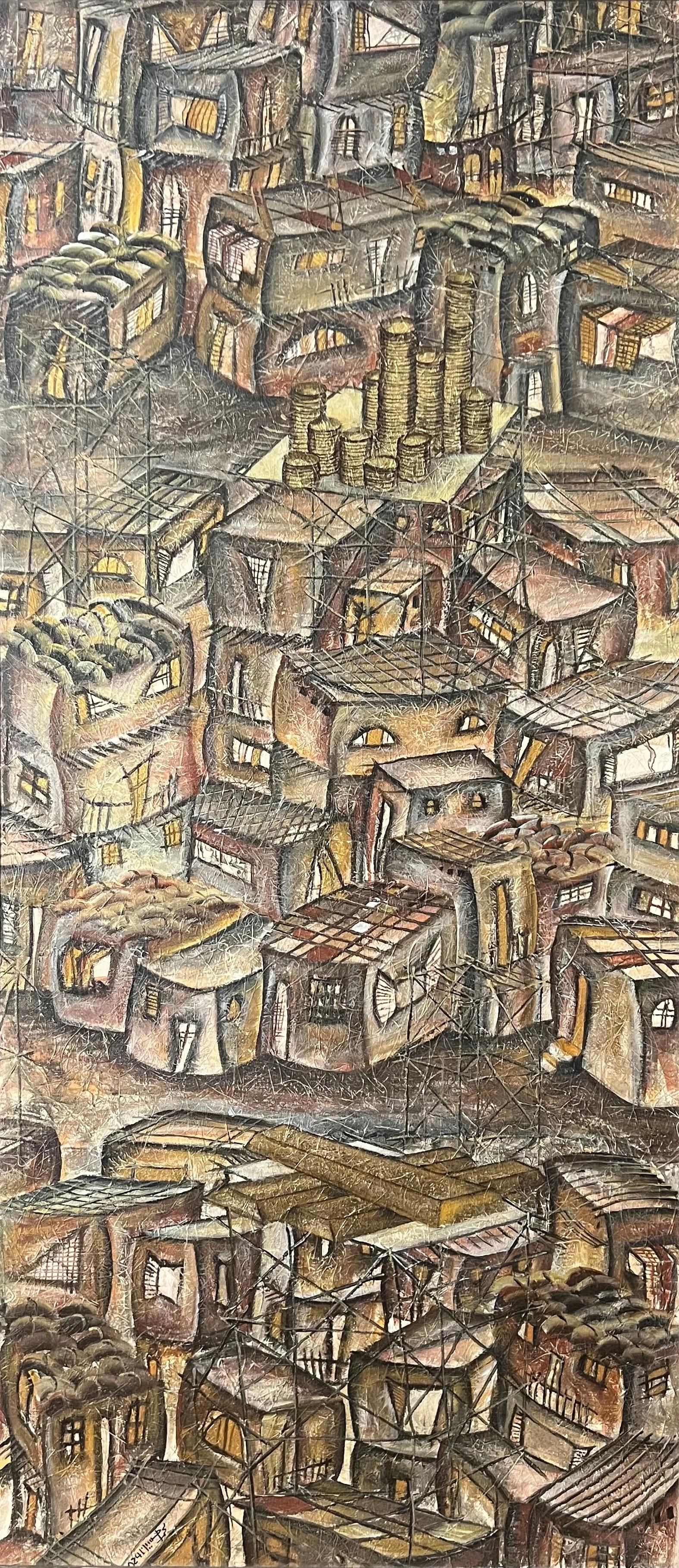 MOHAMED HUSSEIN Figurative Painting - "Favela Triptych I" Painting 71" x 31.5" inch by Mohamed Hussein