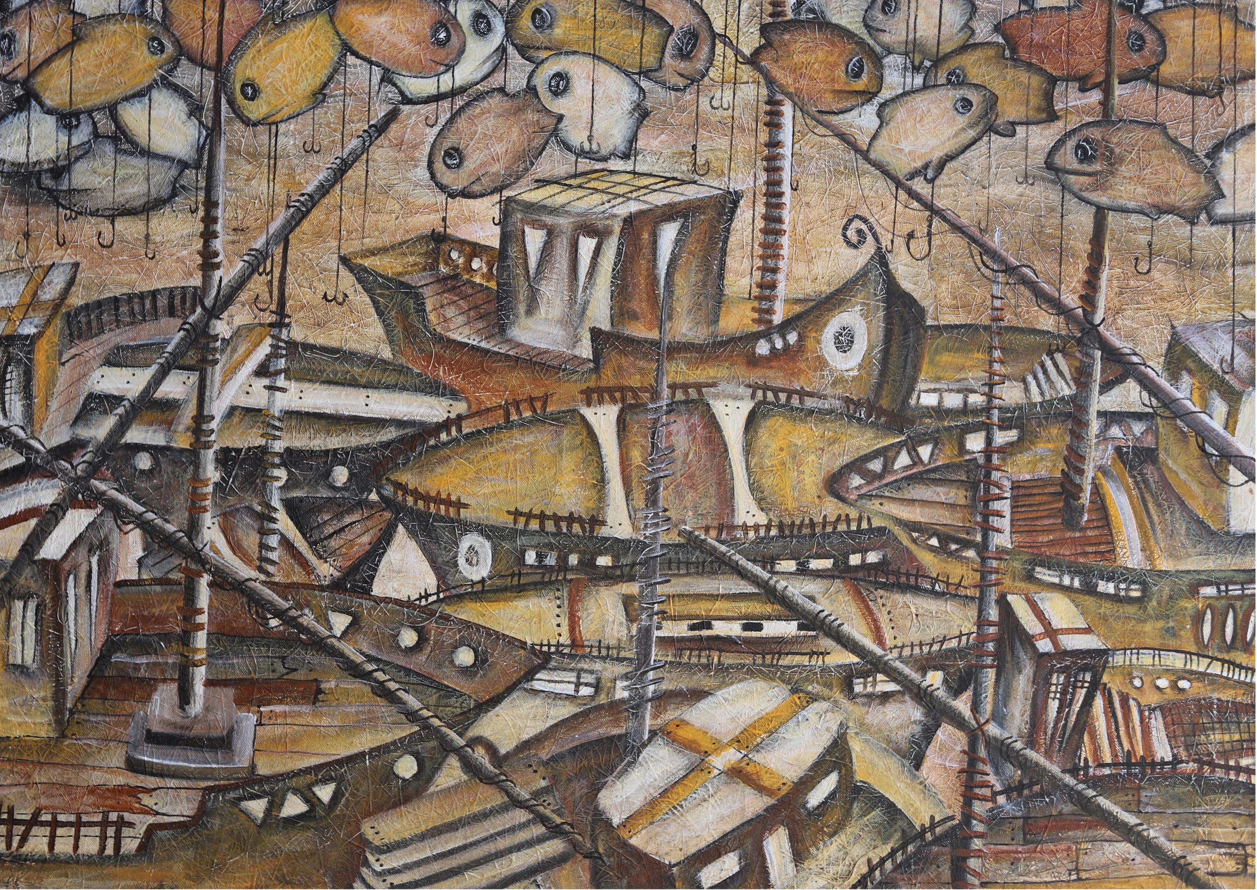 Abstract Painting di MOHAMED HUSSEIN - "Fellucas II" Quadro 31,5" x 47" pollici di Mohamed Hussein