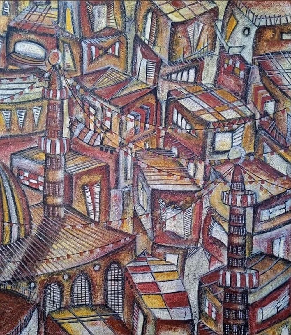 MOHAMED HUSSEIN Figurative Painting - "Minaret" Painting 43" x 37" inch by Mohamed Hussein