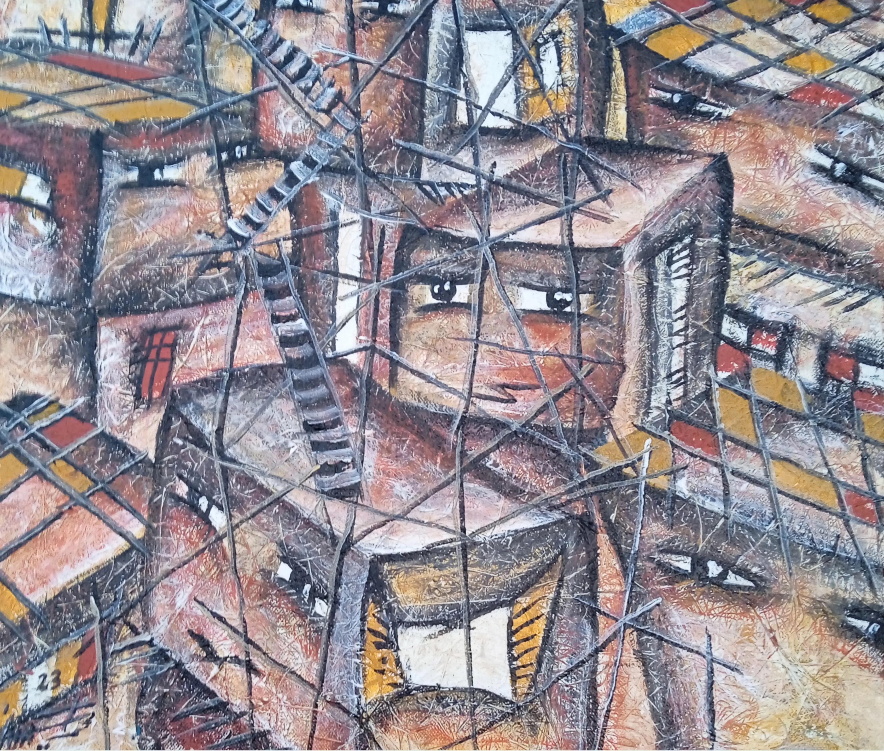 Abstract Painting di MOHAMED HUSSEIN - "Finestre e scale I" Pittura astratta 18" x 20" pollici di Mohamed Hussein