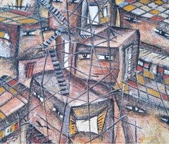 "Fenster & Leitern I" Abstrakte Malerei 18" x 20" Zoll von Mohamed Hussein