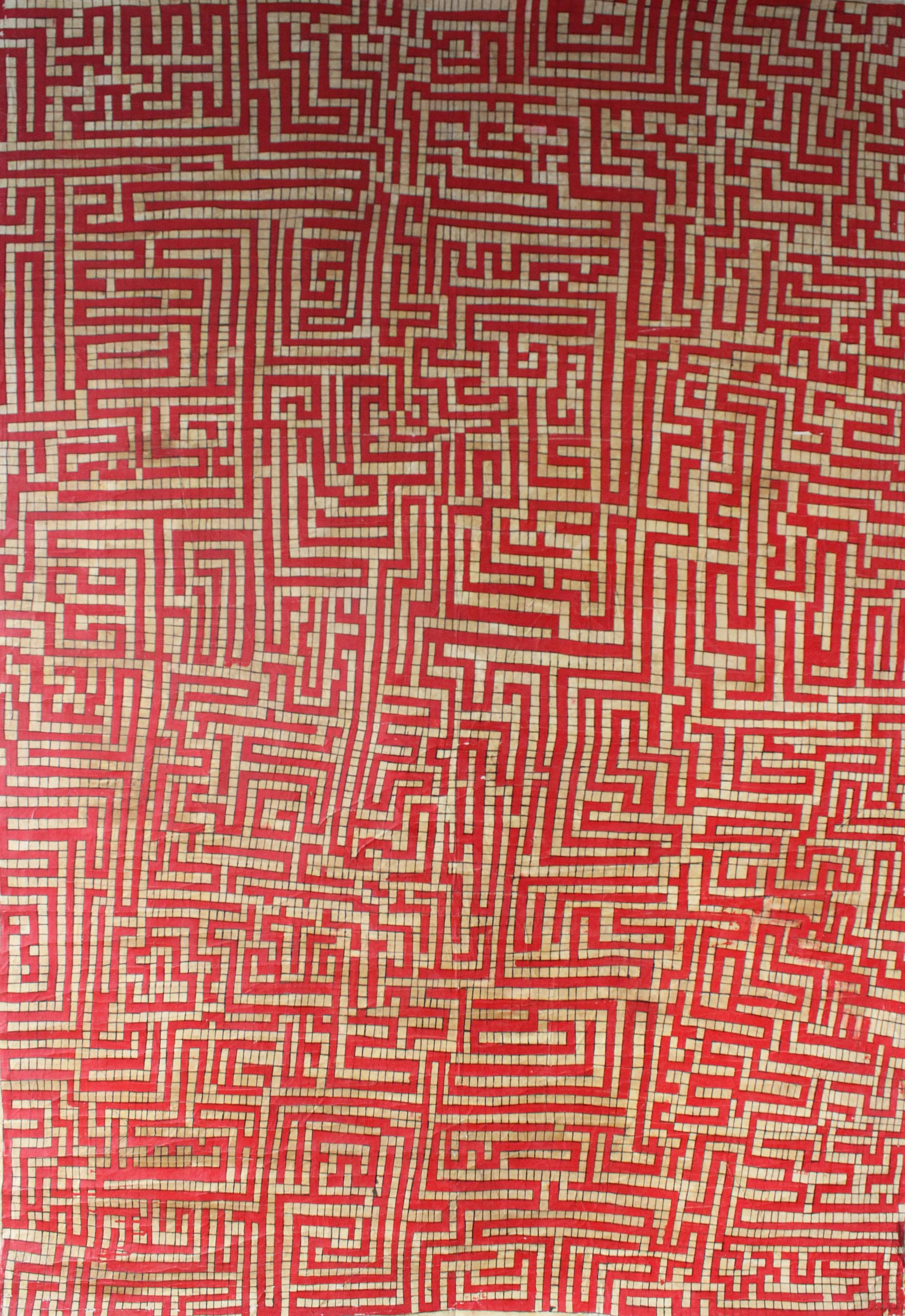 "Labyrinthine II" Peinture à l'encre sur tissu 89" x 63" pouces par Mohamed Monaiseer