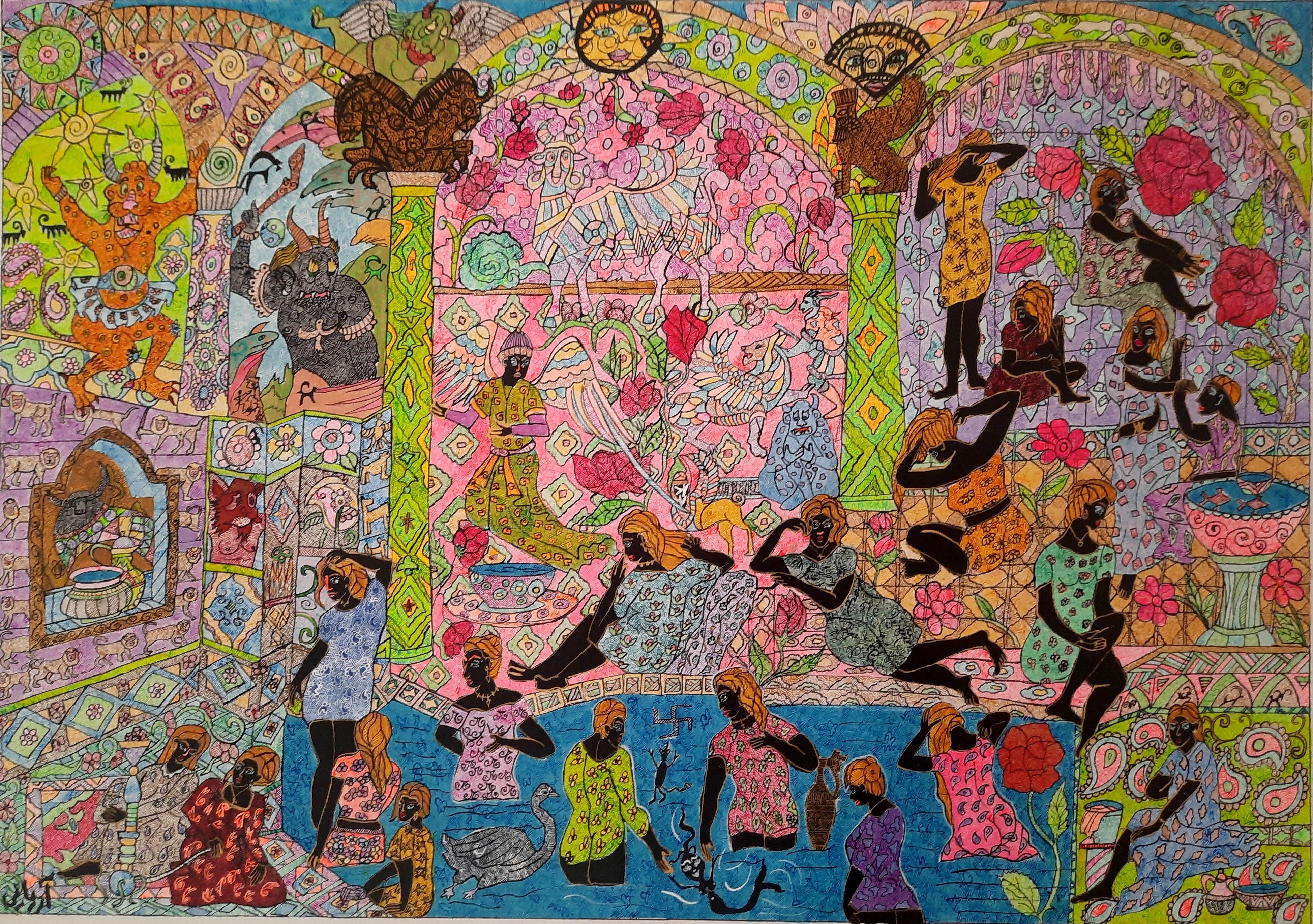 Acrylic painting on canvas
Hand-signed lower left
Unique work

THE THOUSAND AND ONE NIGHTS OF MOHAMMAD ARIYAEI

" Gentleness and oriental wisdom follow the supercharged bubbling to which we were accustomed from the previous deliberately art brut
