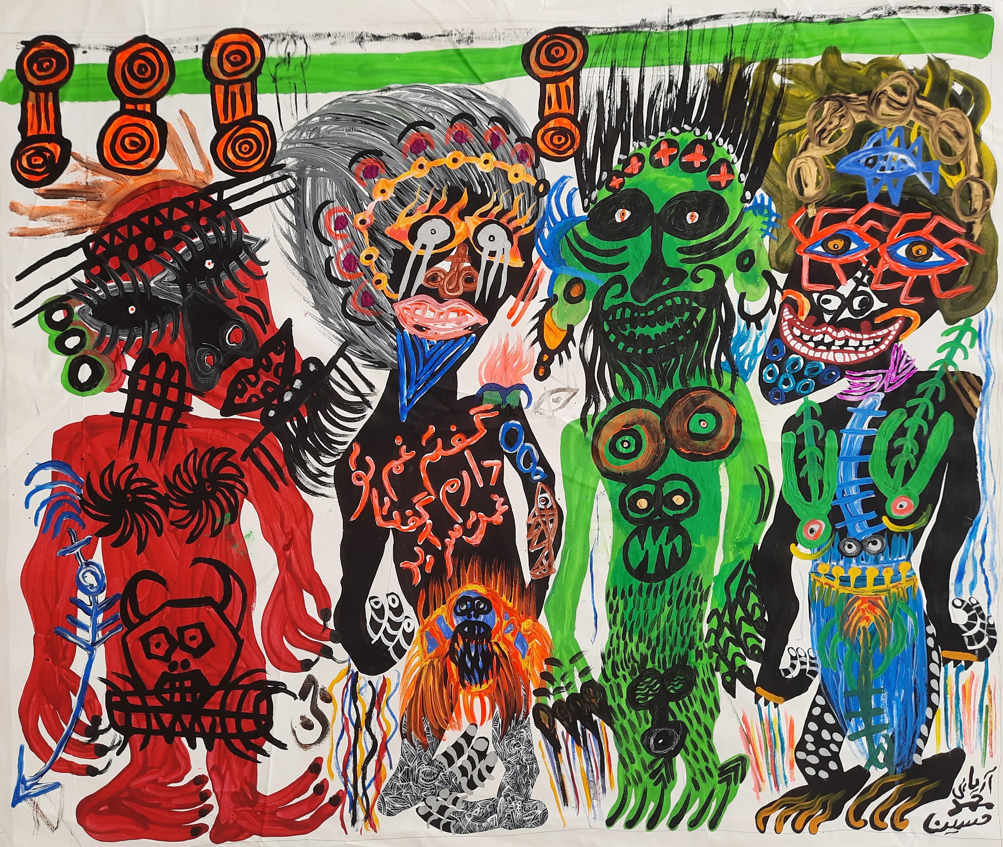 Acrylic paint on canvas
Hand-signed lower right

« Here the barbaric or savage ceremonies of New Guinea take on the air of Rio carnival.
Here the vitality bursts and the colors dance the jig while thundering.
A charivari of African masks, children's