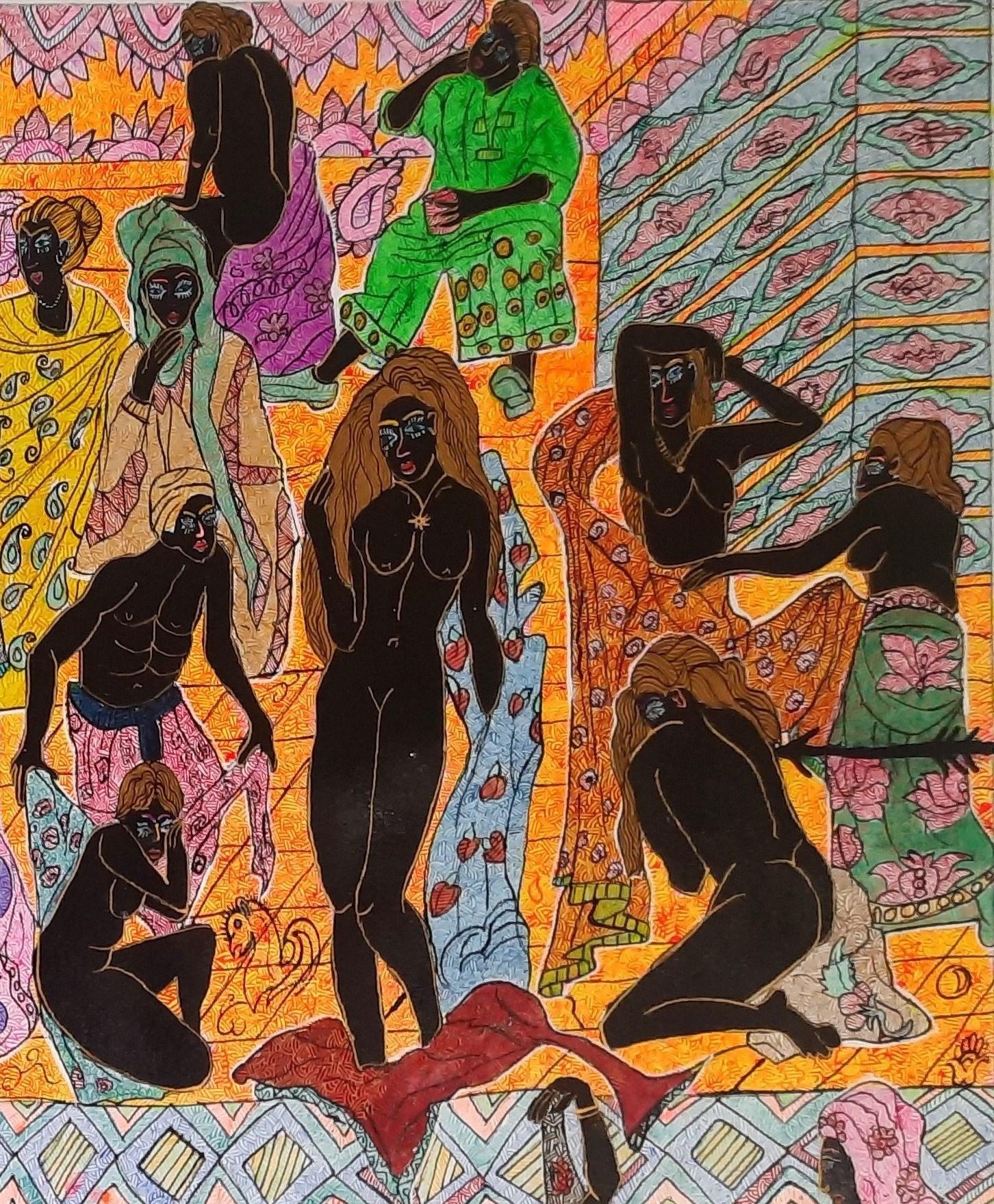 Sauver des femmes esclaves Mohammad Ariyaei Art iranien contemporain peinture nue  en vente 3