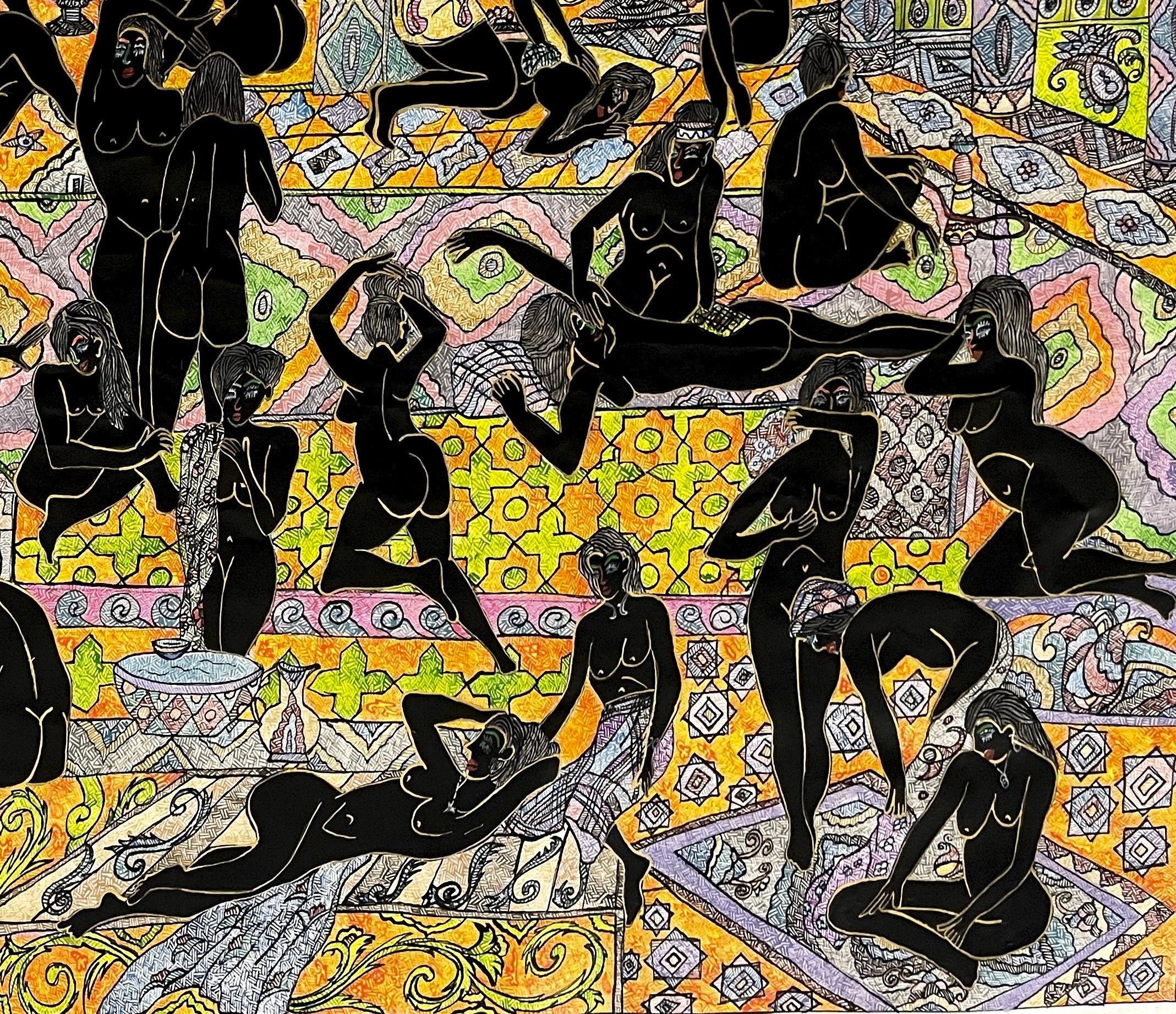 The bath Mohammad Ariyaei Zeitgenössische iranische Malerei Frauen Farbe Hammam Kunst im Angebot 1