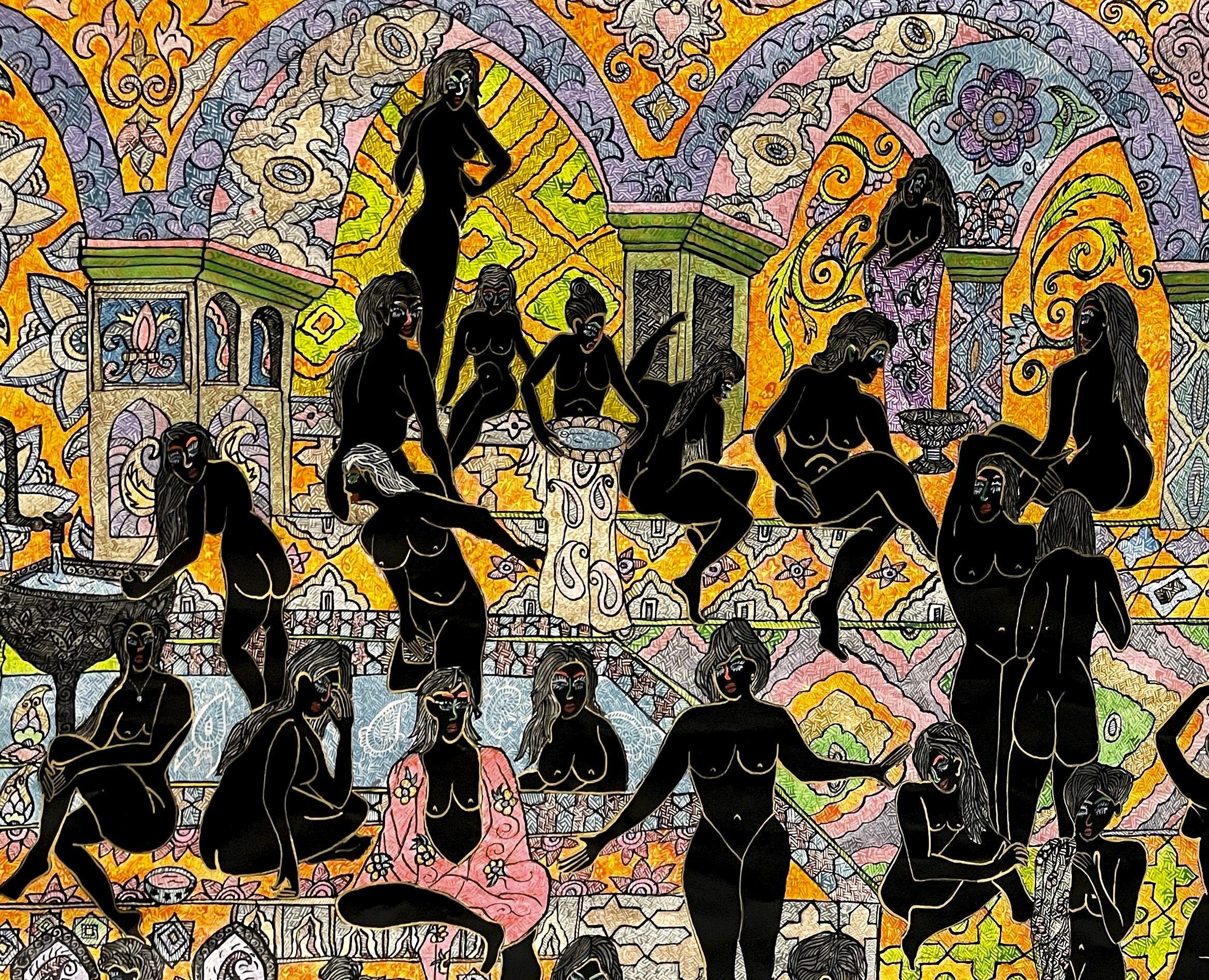 The bath Mohammad Ariyaei Zeitgenössische iranische Malerei Frauen Farbe Hammam Kunst im Angebot 2
