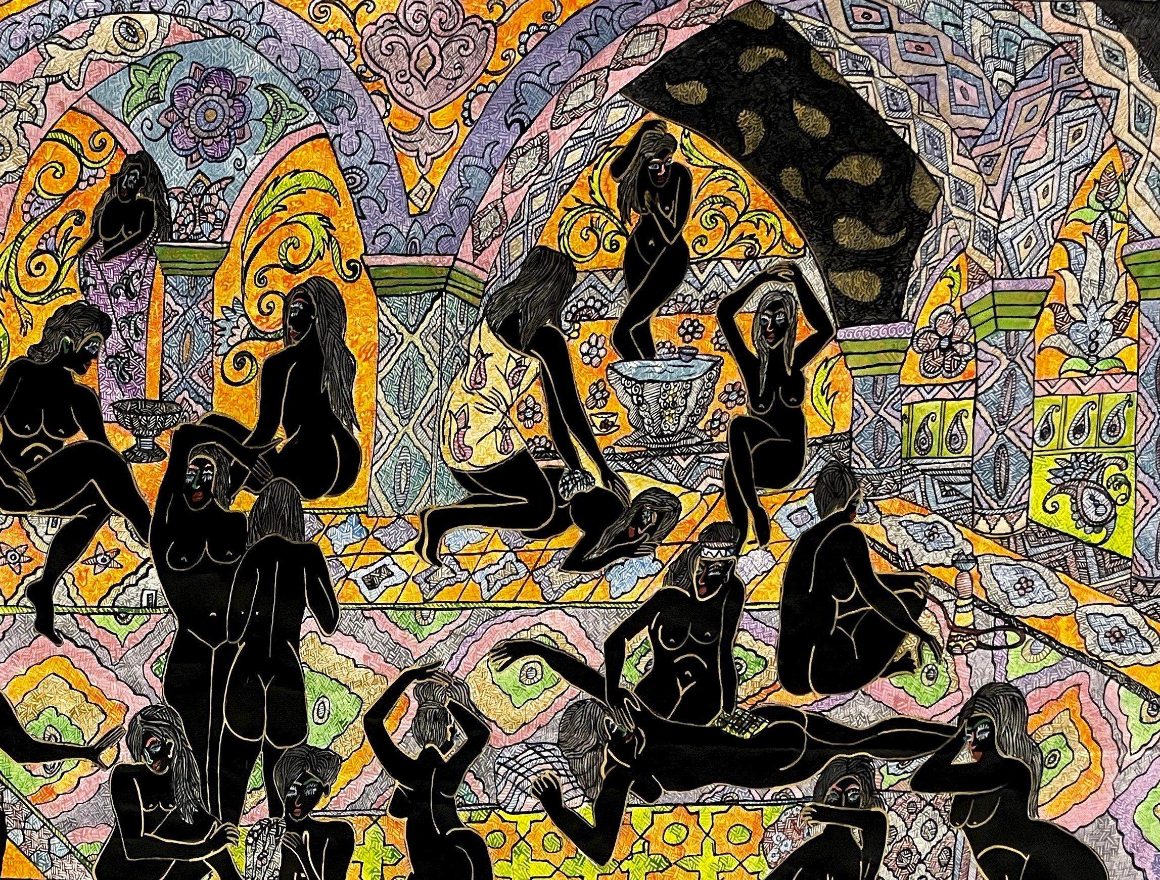 The bath Mohammad Ariyaei Zeitgenössische iranische Malerei Frauen Farbe Hammam Kunst im Angebot 3