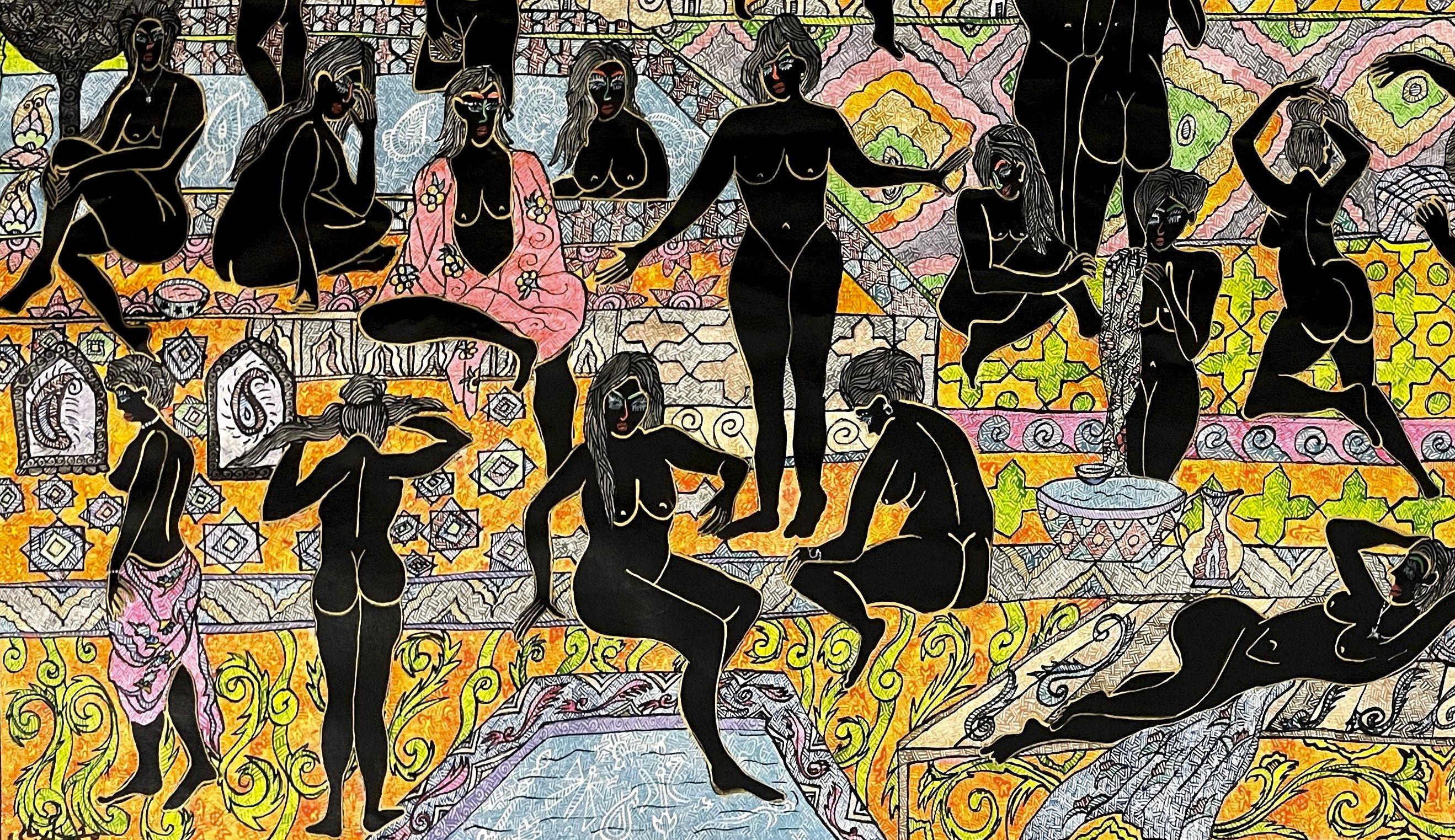 The bath Mohammad Ariyaei Zeitgenössische iranische Malerei Frauen Farbe Hammam Kunst im Angebot 4