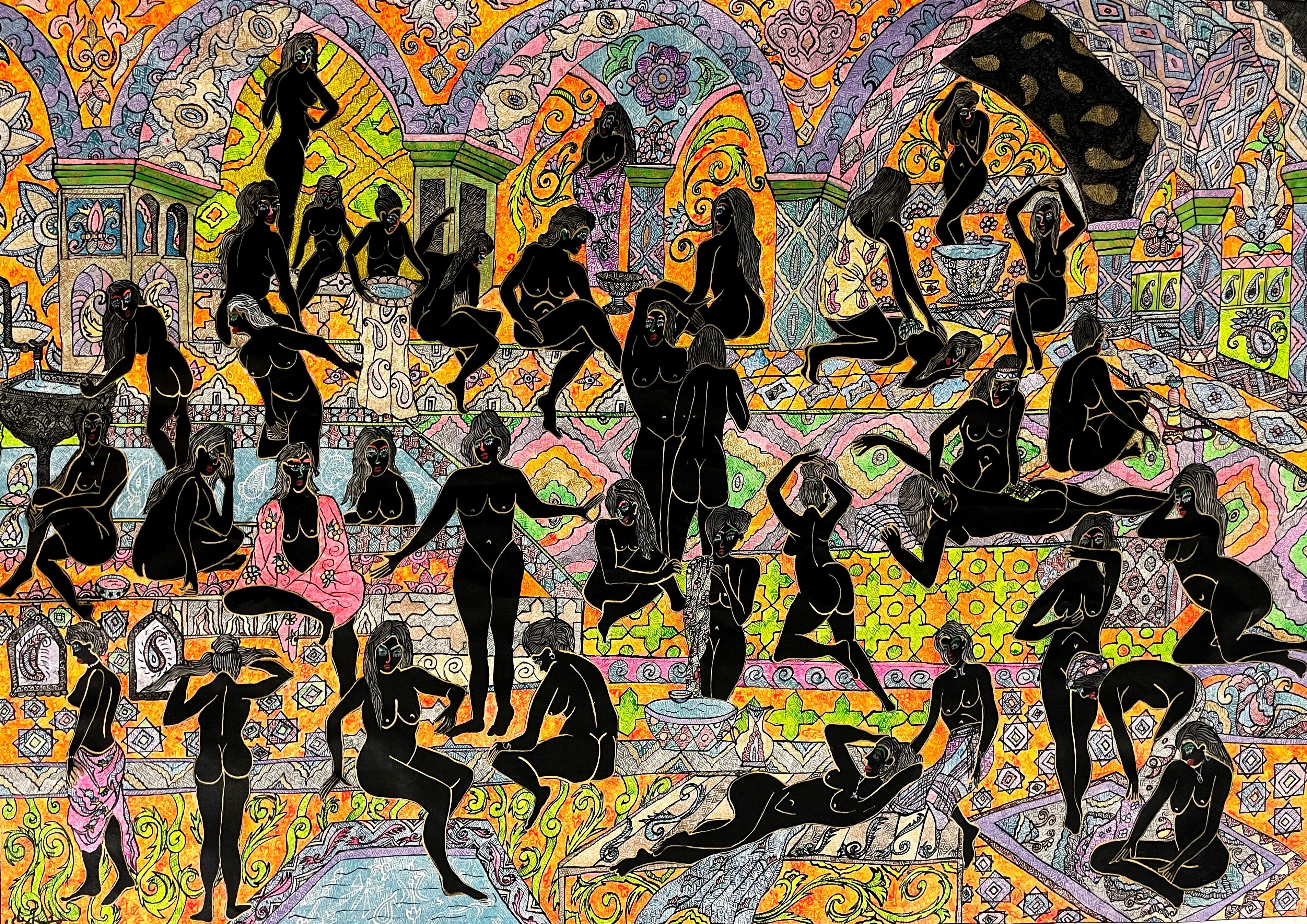 Il bagno Mohammad Ariyaei Pittura iraniana contemporanea donne colore hammam arte