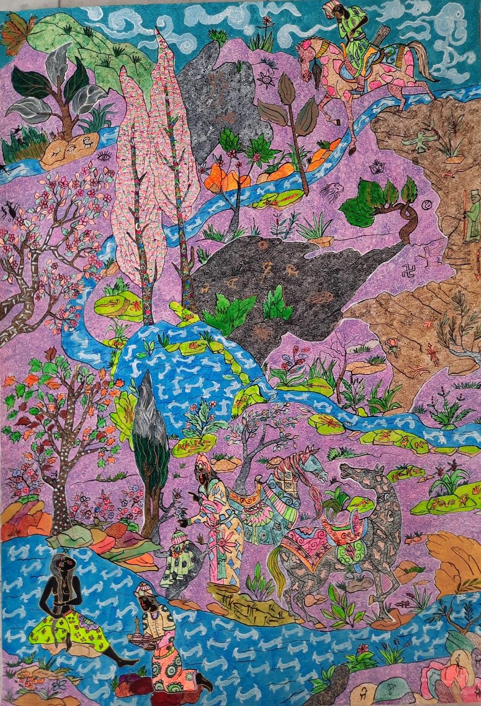 Full title : The first meeting of the Prince and his lover in the forest
Acrylic paint on paper
Hand-signed lower right by the artist

THE THOUSAND AND ONE NIGHTS OF MOHAMMAD ARIYAEI

" Gentleness and oriental wisdom follow the supercharged bubbling
